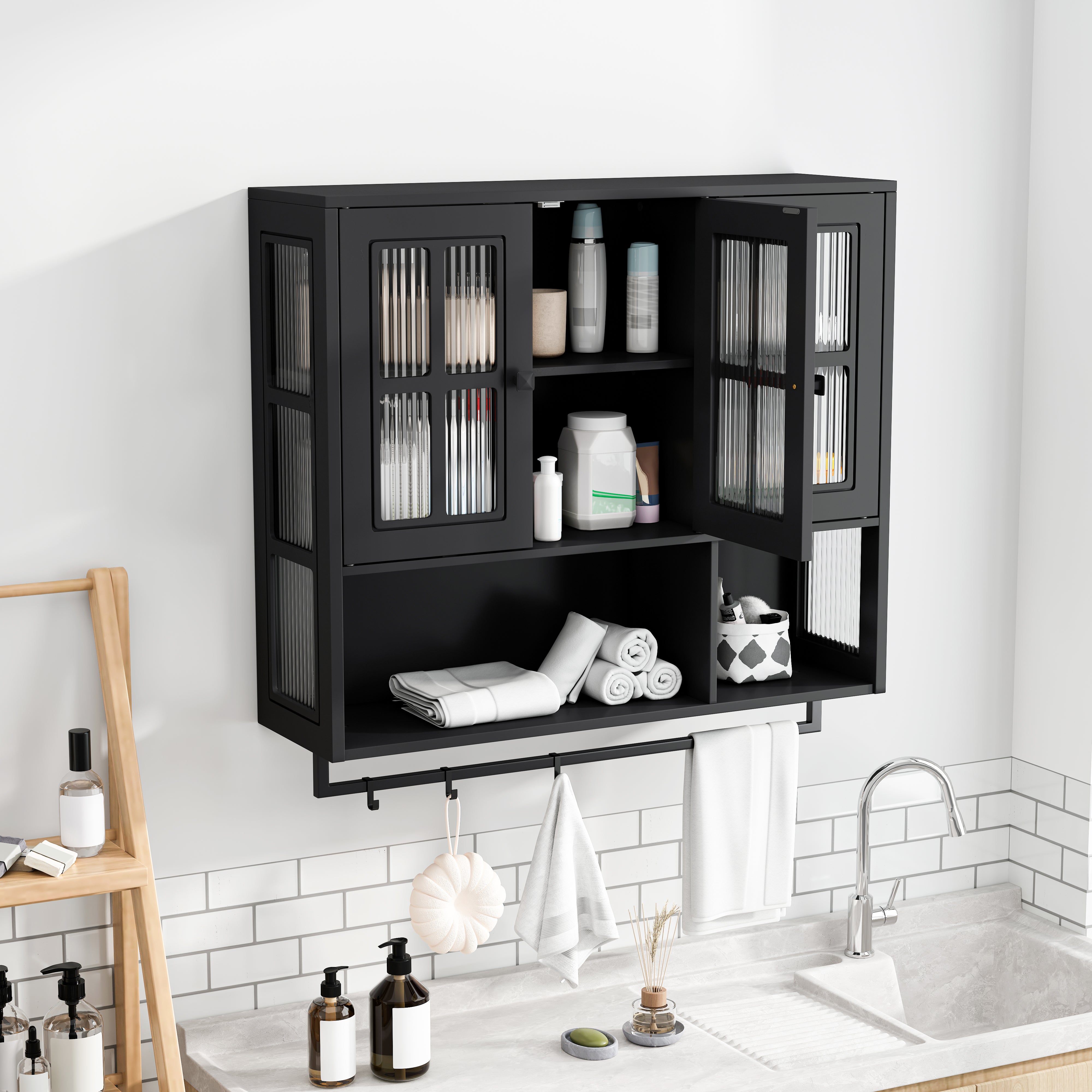 Bathroom Wall Cabinet 3-Door Wooden Glass Door Towel Bar, Black