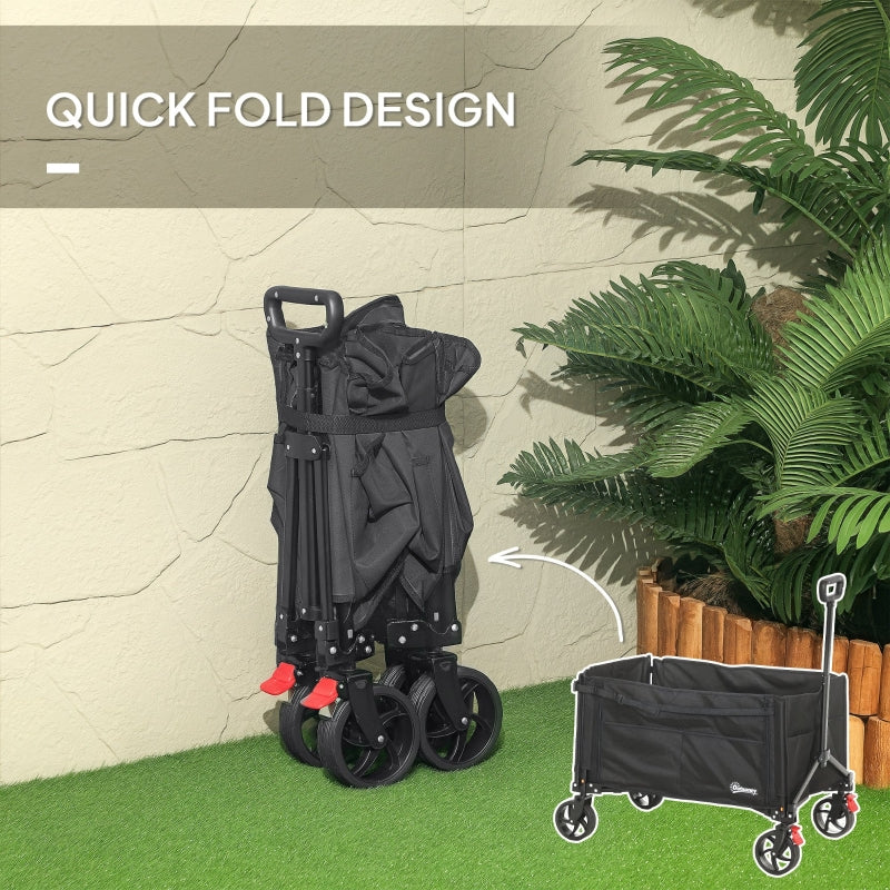 Folding Trolley on Wheels, 150L Collapsible Wagon with Openable Sides and Adjustable Handle, Black