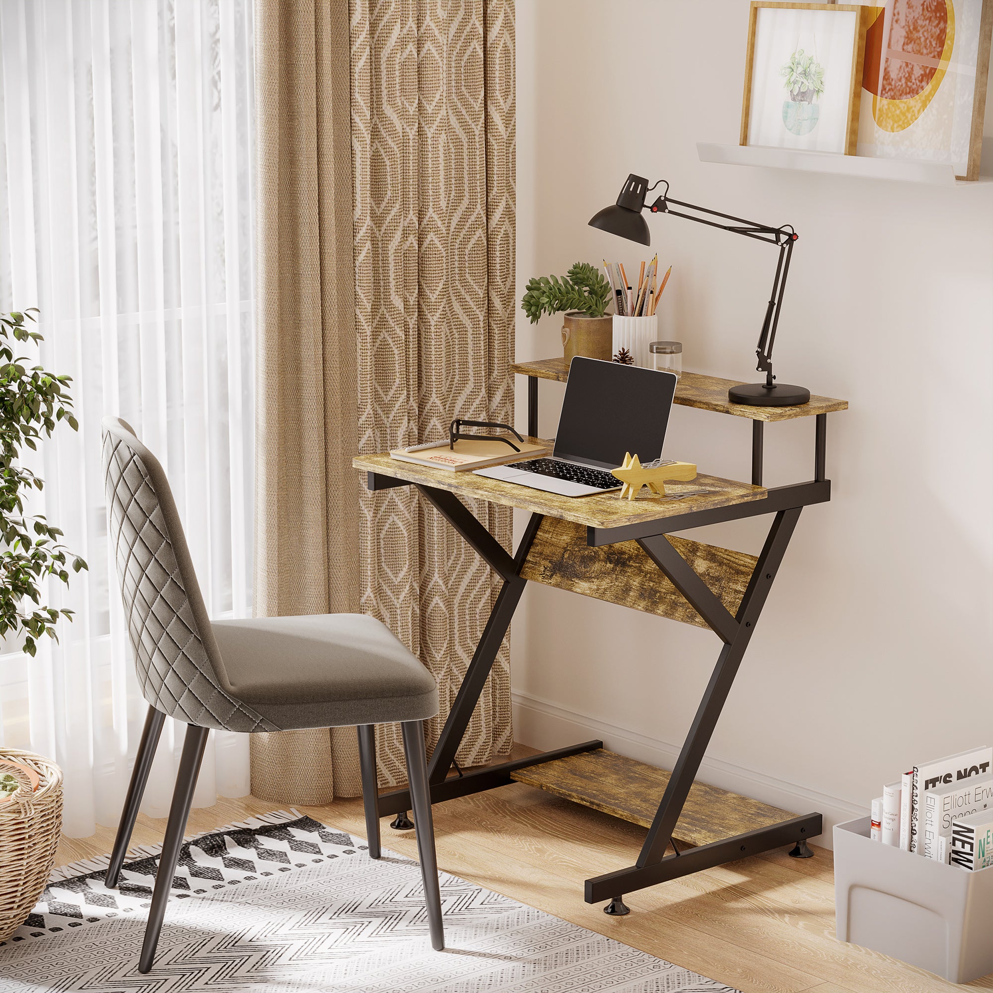 Industrial Computer Desk, Monitor Stand Compact 70 x 60cm, Rustic Brown