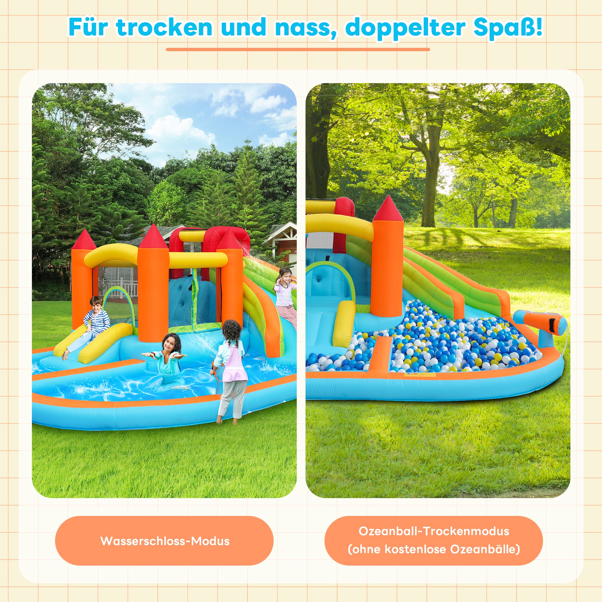 Multifunctional Outdoor Bouncy Castle with Blower, Water Slide, Trampoline, Basketball Hoop, Water Gun, 2 Pool Areas, 1 Large and 1 Small Slide