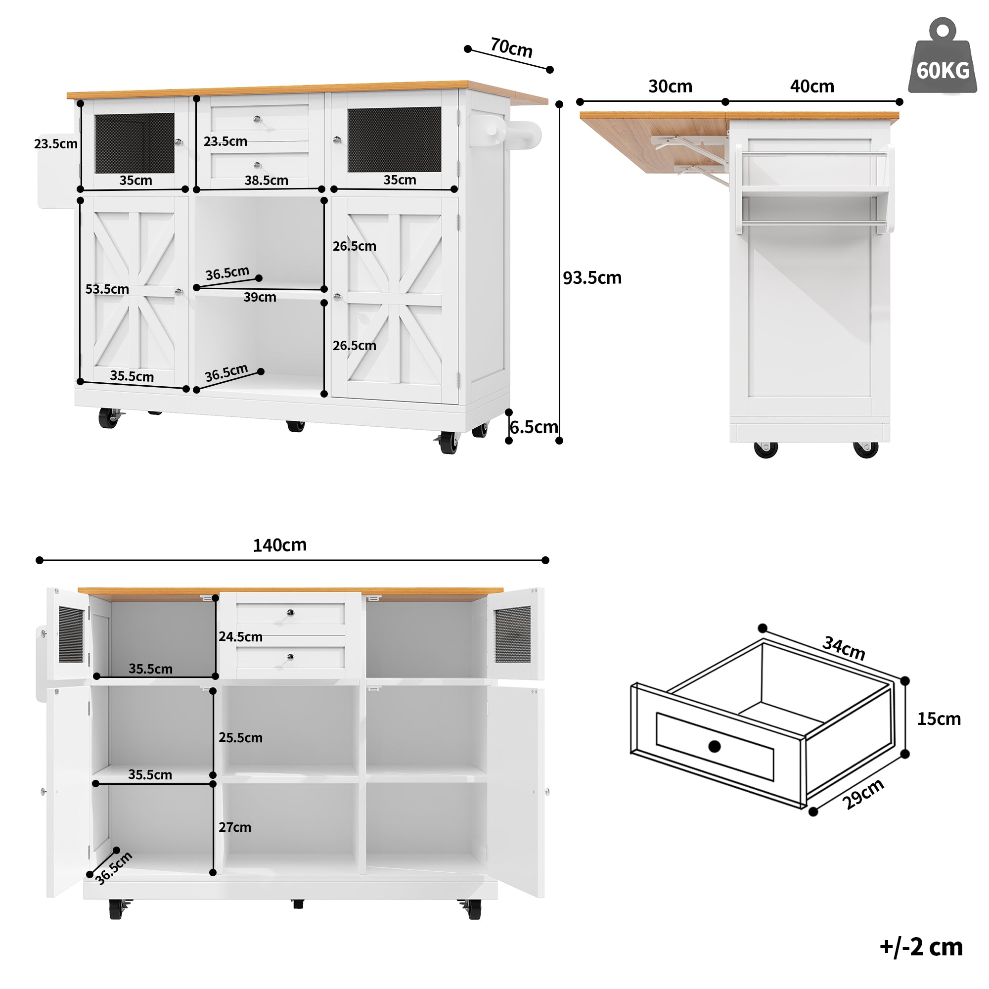 Kitchen Island Dining Trolley Sideboard Worktop Casters Adjustable Storage White