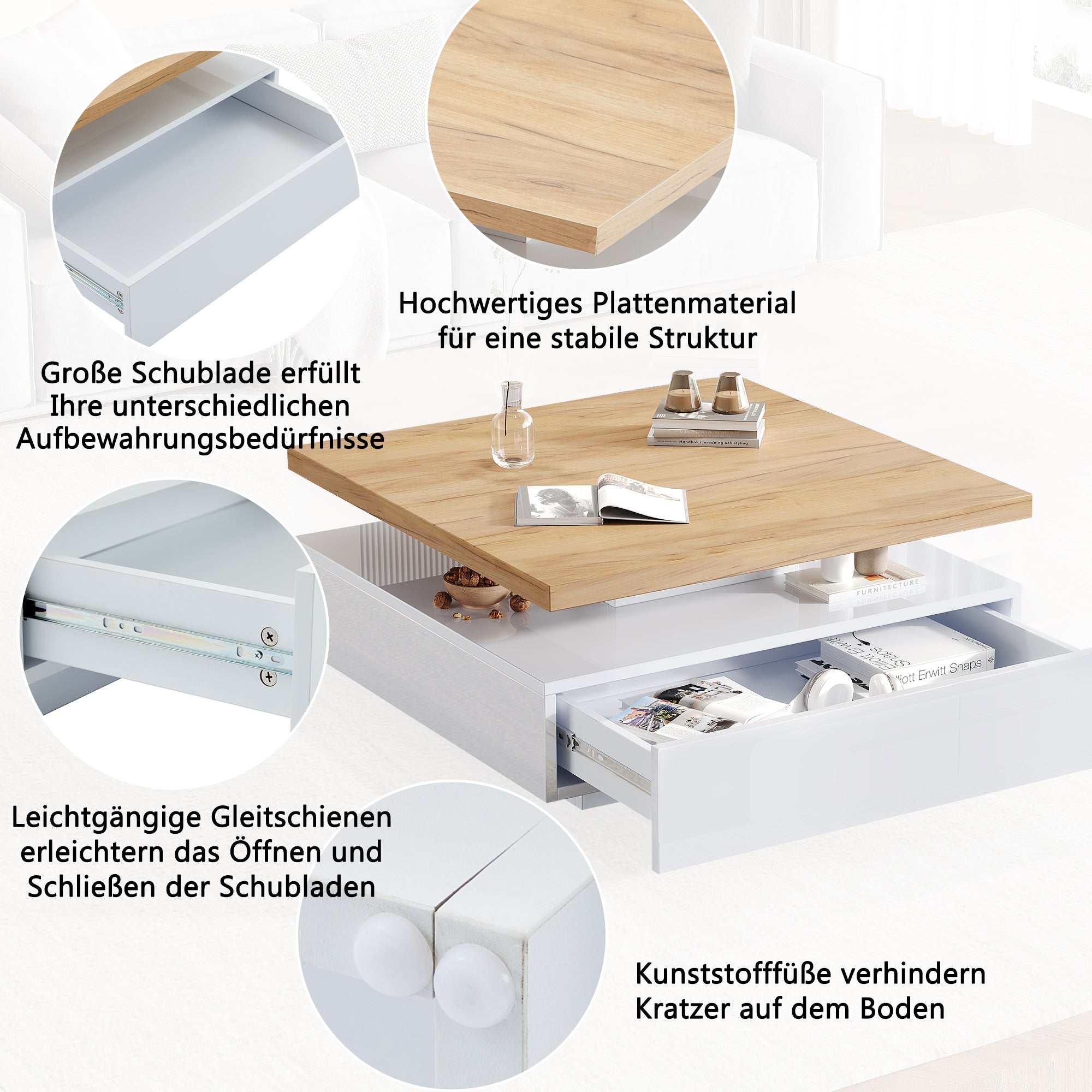 Multifunctional Swivel Coffee Table with Storage, White and Walnut