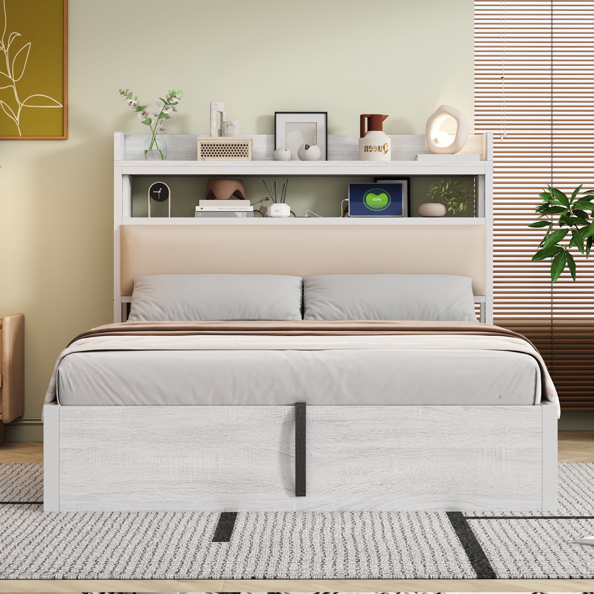 Bed Frame 140x200, Hydraulic Lift, USB, Upholstered Headboard, Wood & Metal, White