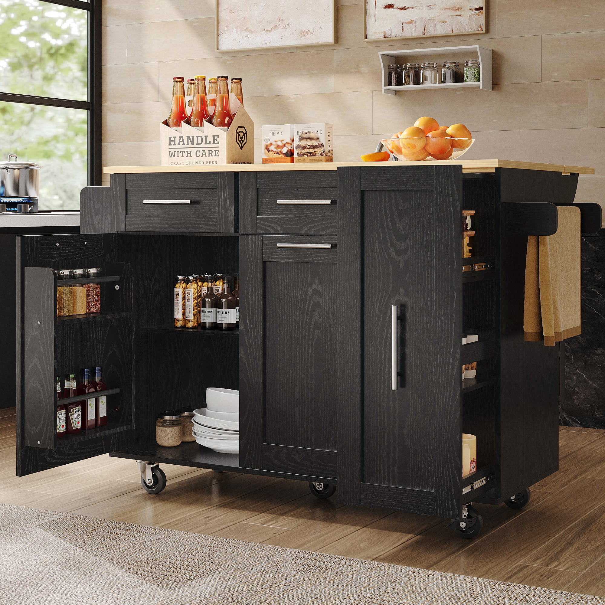 Kitchen Island, Buffet Cabinet Dining Cart with Storage, Black