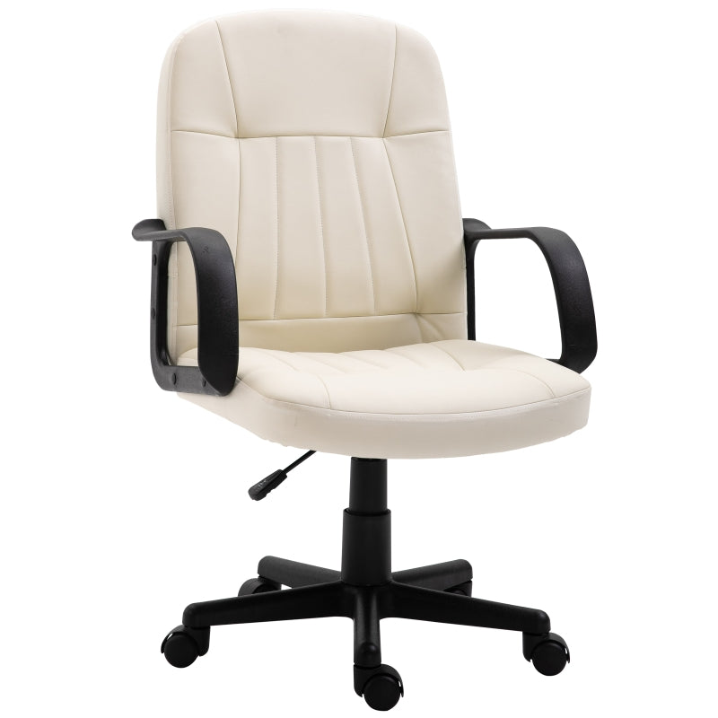Office Chair Swivel Executive Mid Back Computer Desk with Arm and Wheels PU Leather Cream