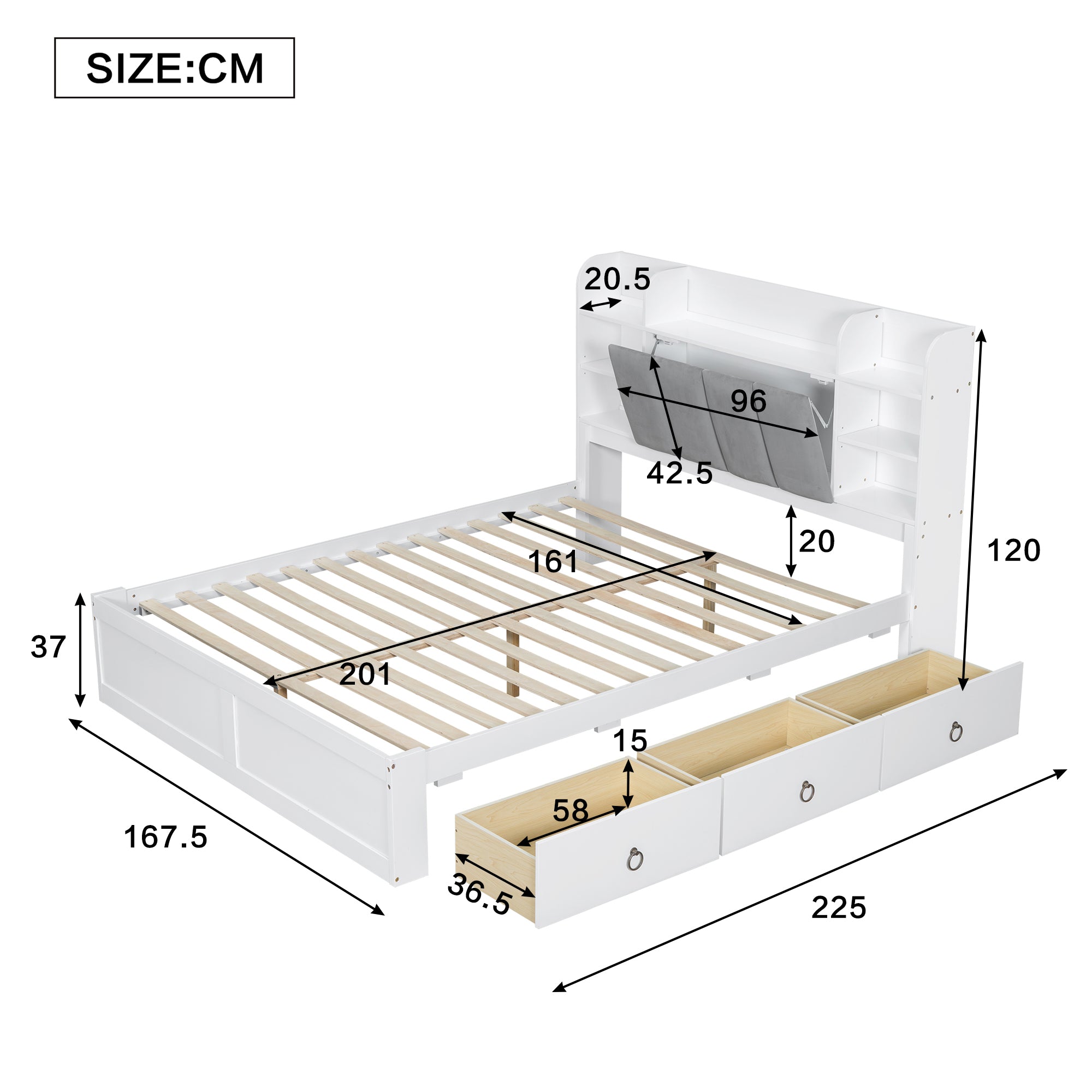 Double Bed, Open Shelf, 3 Drawers, Pine Frame, White+Grey