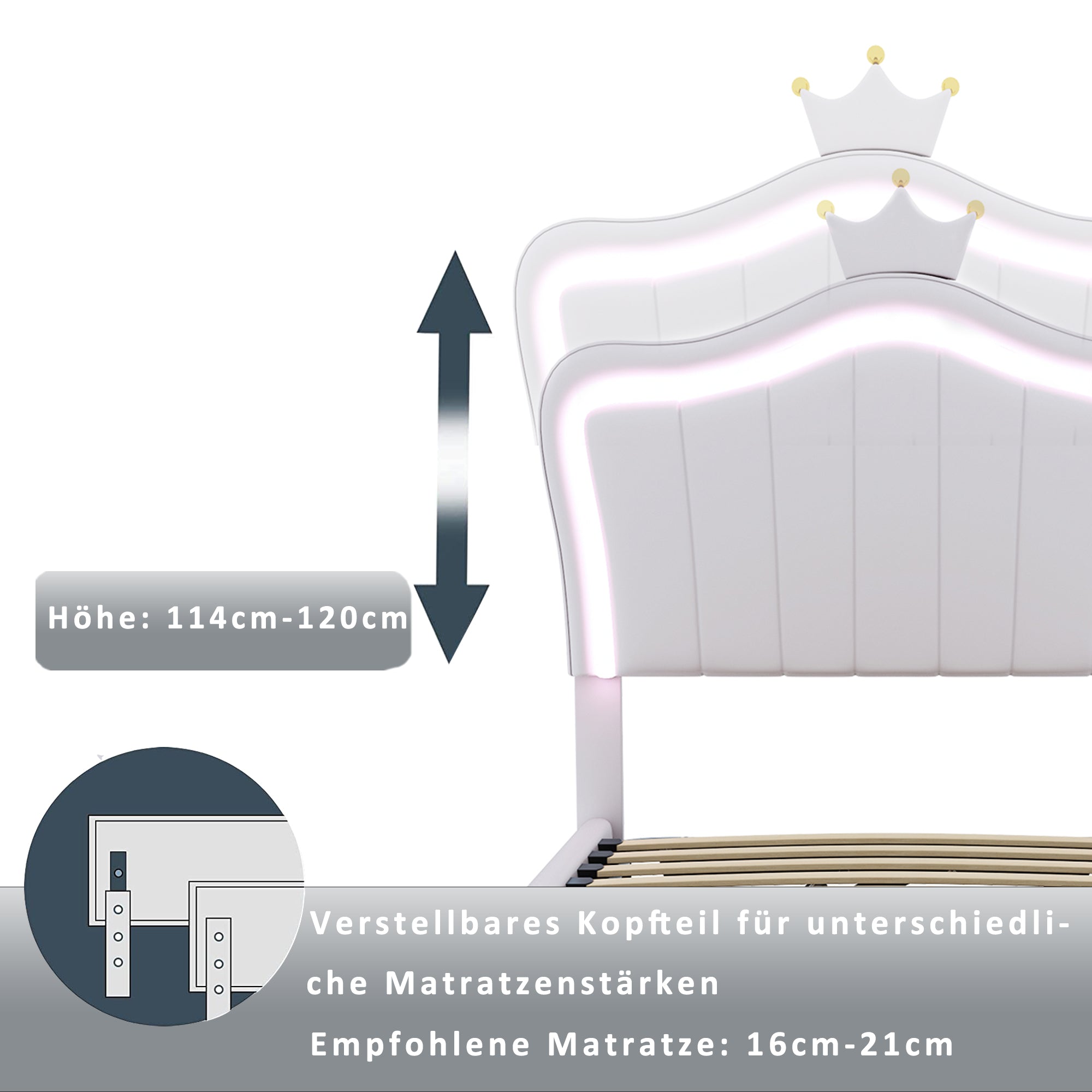 Upholstered Children's Bed 90x200 cm, Crown Design, LED Lighting, Hydraulic Storage, White Artificial Leather