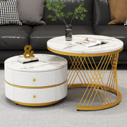 Coffee Table Set Nesting 2-Piece Round Marble Look, 2 Drawers, White