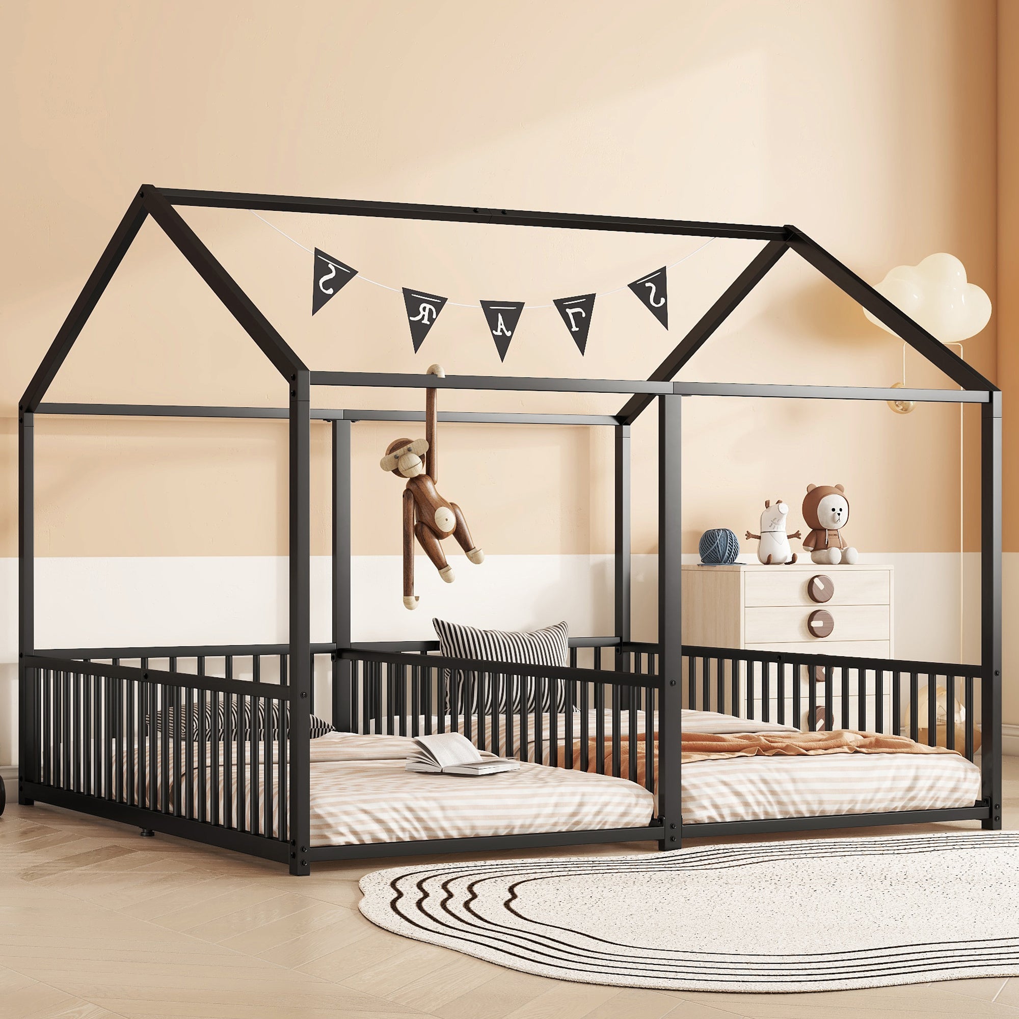 Metal Bed, Children's Bed 90x200cm House Design Double Bed, Black Iron Frame