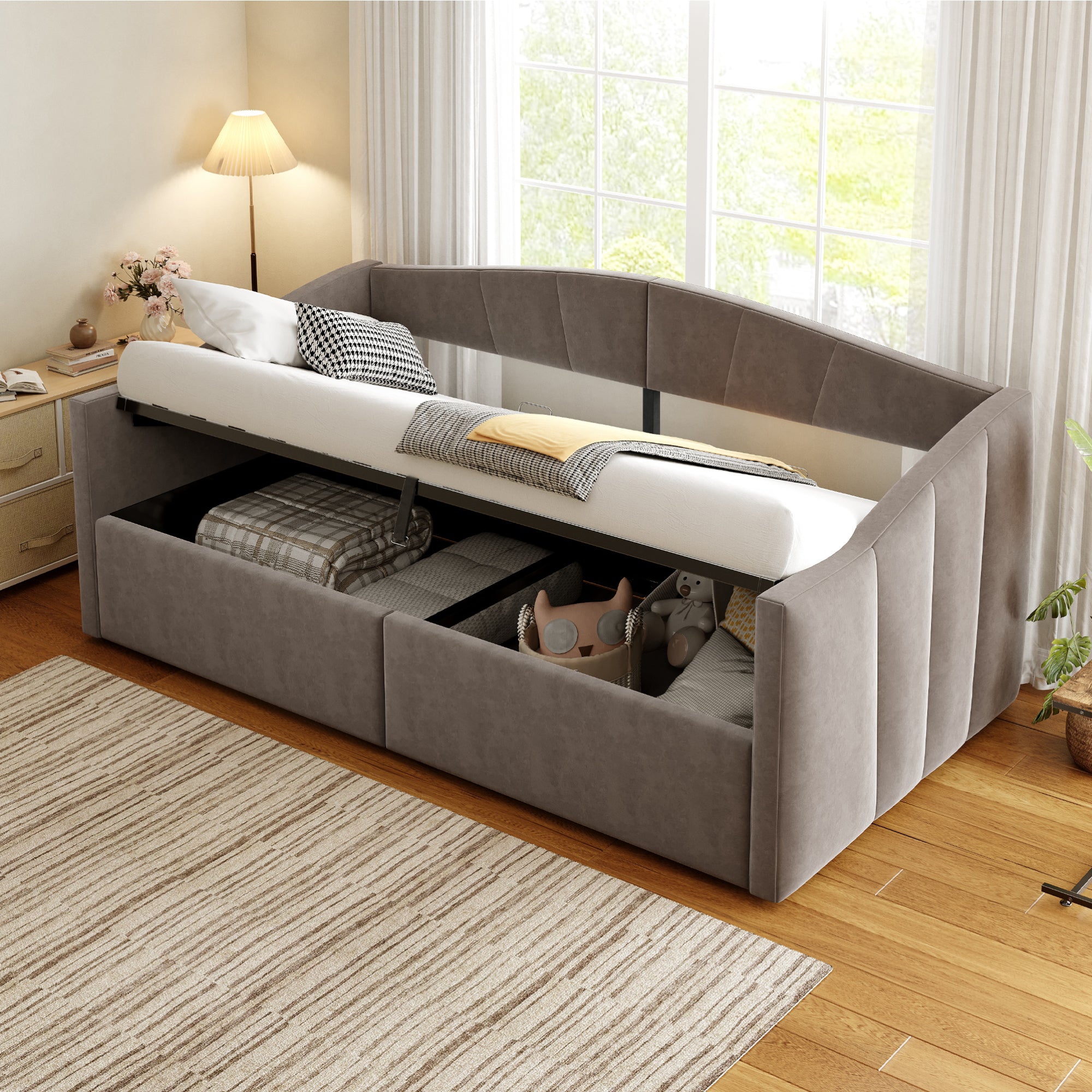 Sofa Bed, Upholstered with Hydraulic Storage, Slatted Frame & Armrests, Striped Velvet, Grey