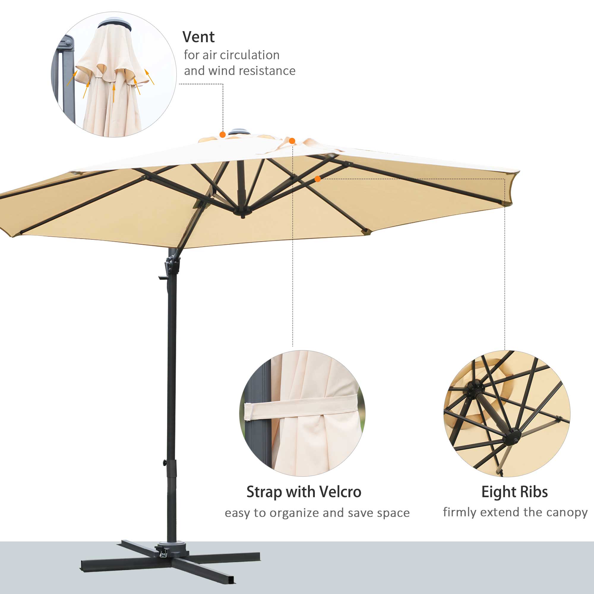 Round Umbrella Parasol, Tilt 360° Rotation Hand Crank Cross Base - Beige