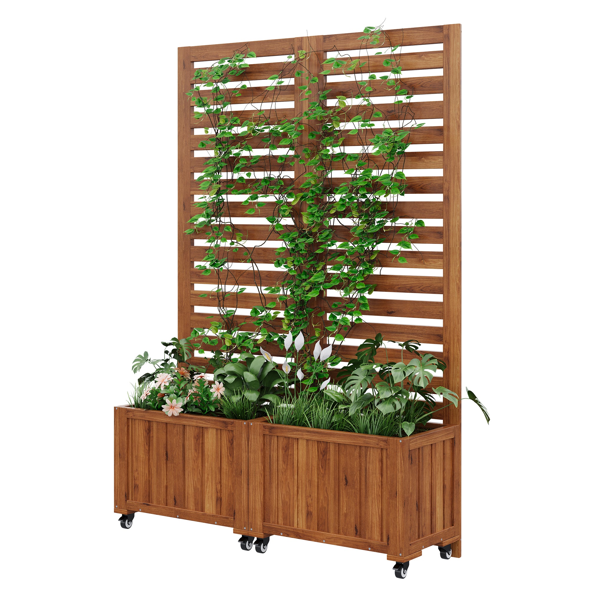 Plant Pot Planter Box with Trellis, Folding Wheels, Brown Solid Wood