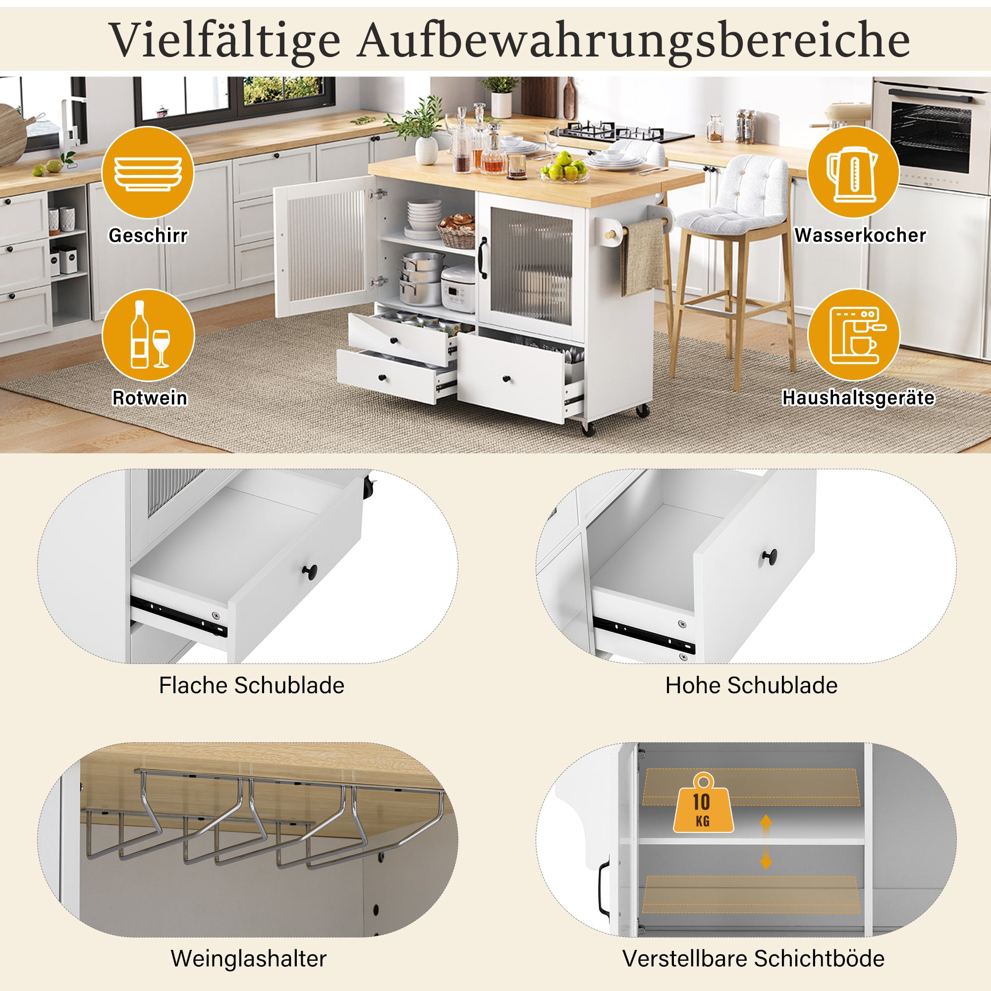 Mobile Kitchen Island Extendable Table Wheels Wine Glass Holder Storage - White