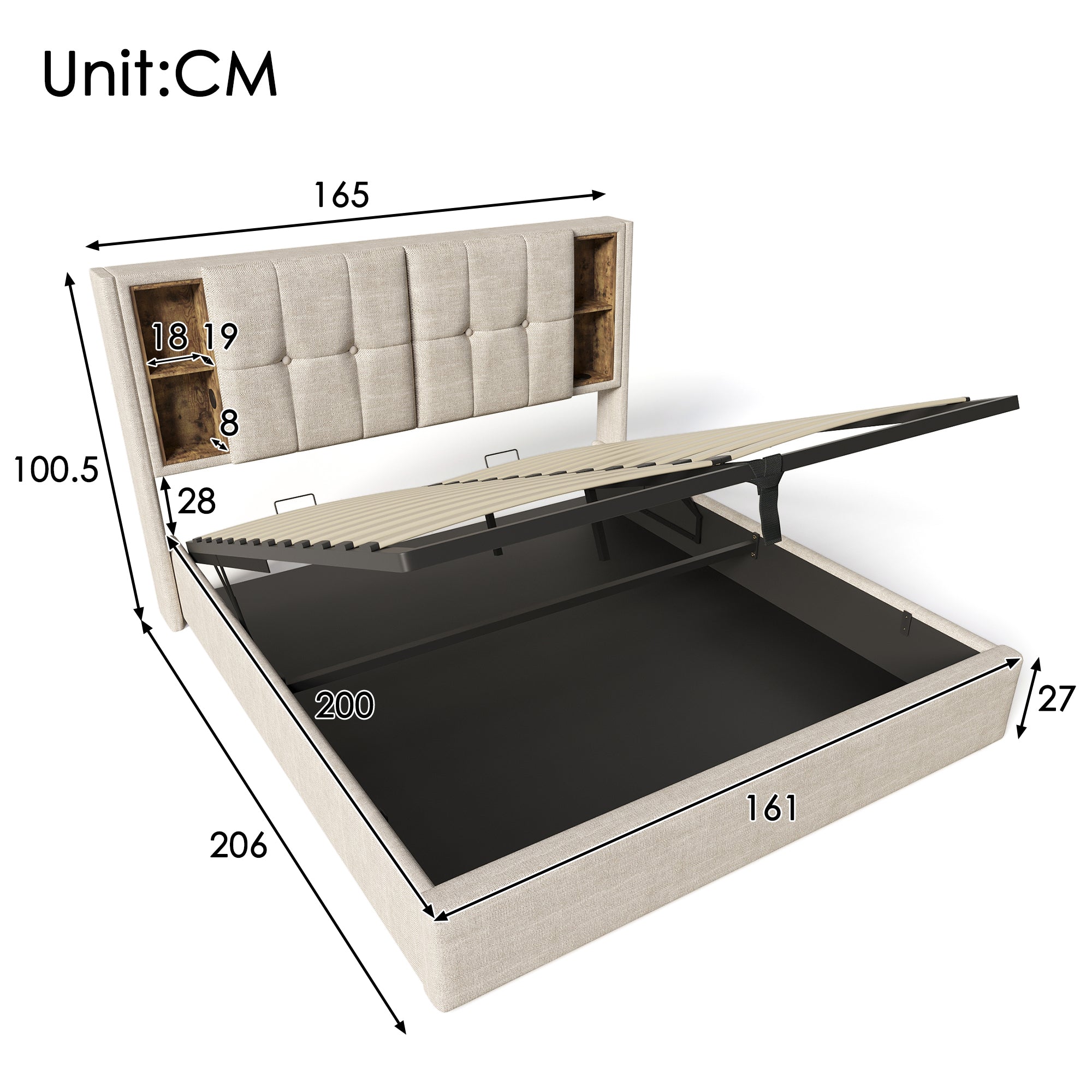Double Bed, Wireless Charging USB-C, Storage, Wooden Slatted Frame, Natural Linen