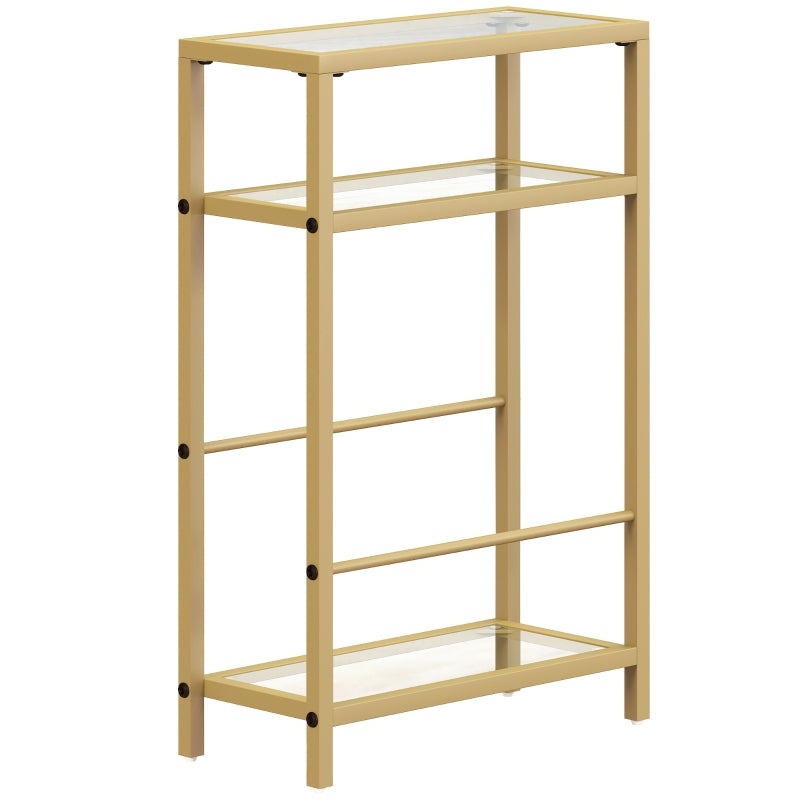3-Tier Side Table with Storage Shelf and Tempered Glass Tabletop, Gold Tone