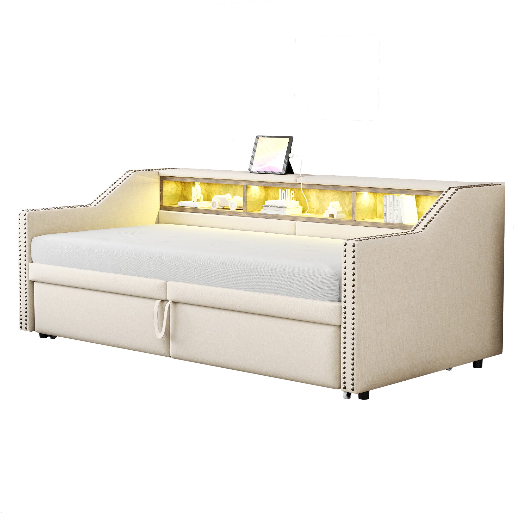 Upholstered Bed, Pull-Out Sofa Bed with Storage, LED & USB, Beige