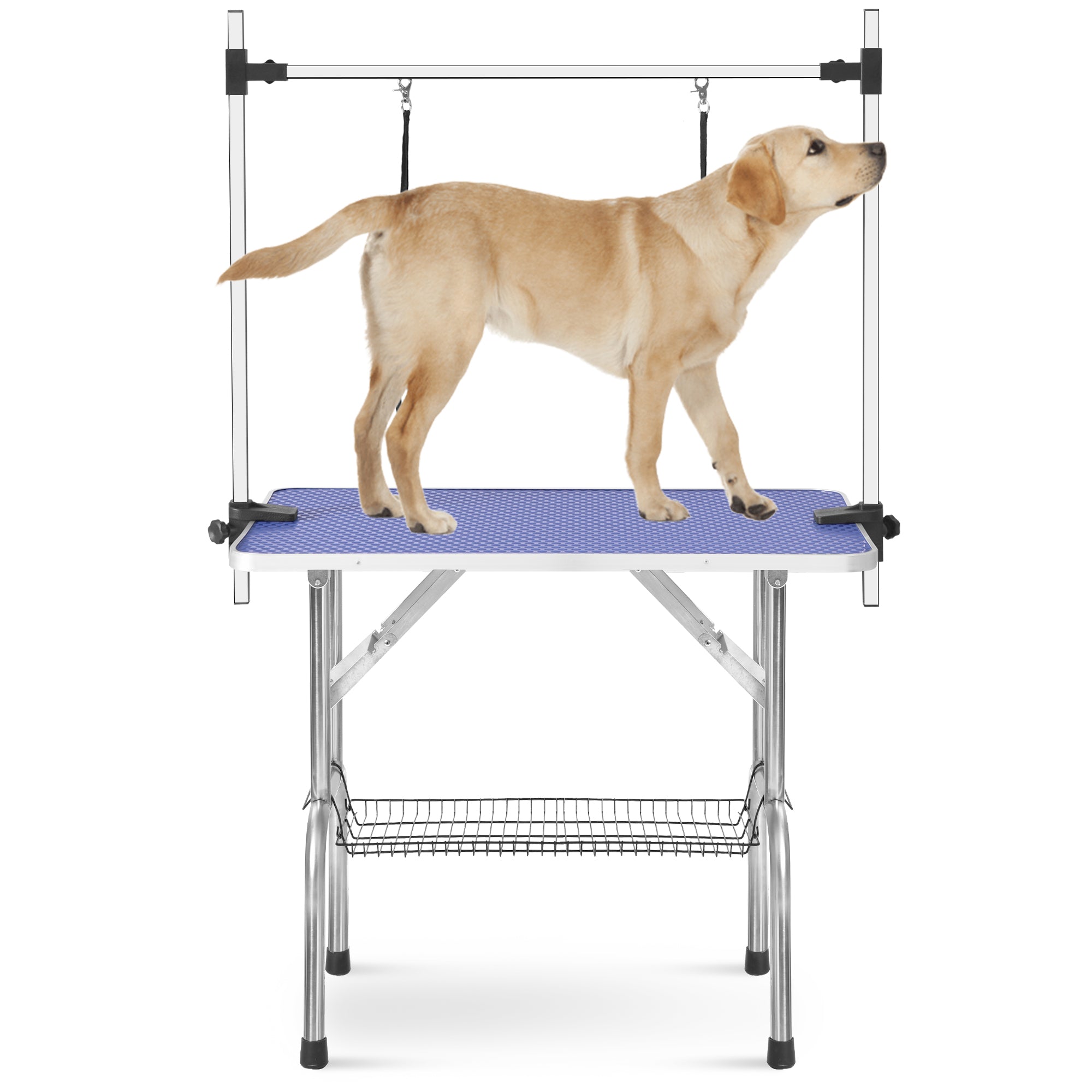Professional Foldable Dog Grooming Table, Adjustable Arm Heavy-Duty, BLUE Rubber Mat
