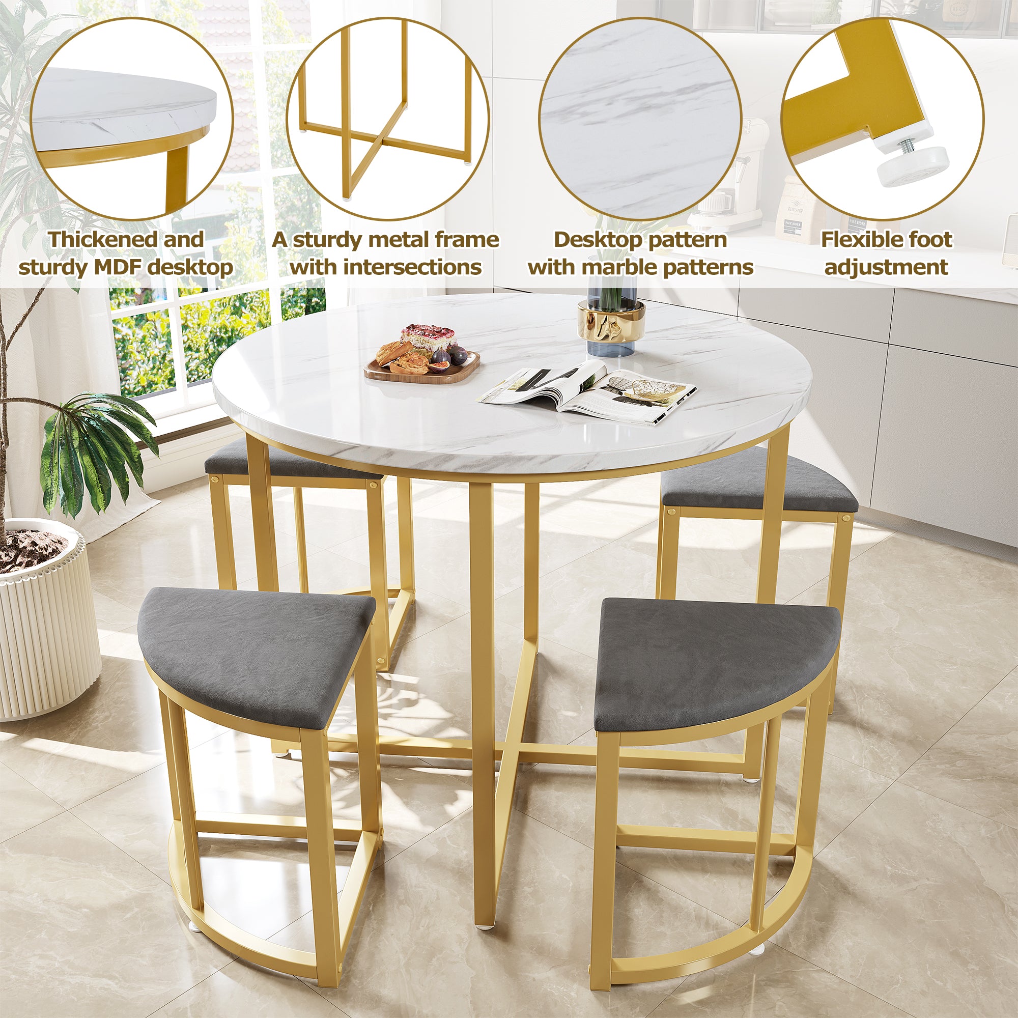 Dining Table Set - 4 Chairs, MDF & Gold-Plated Iron, Velvet, Gray
