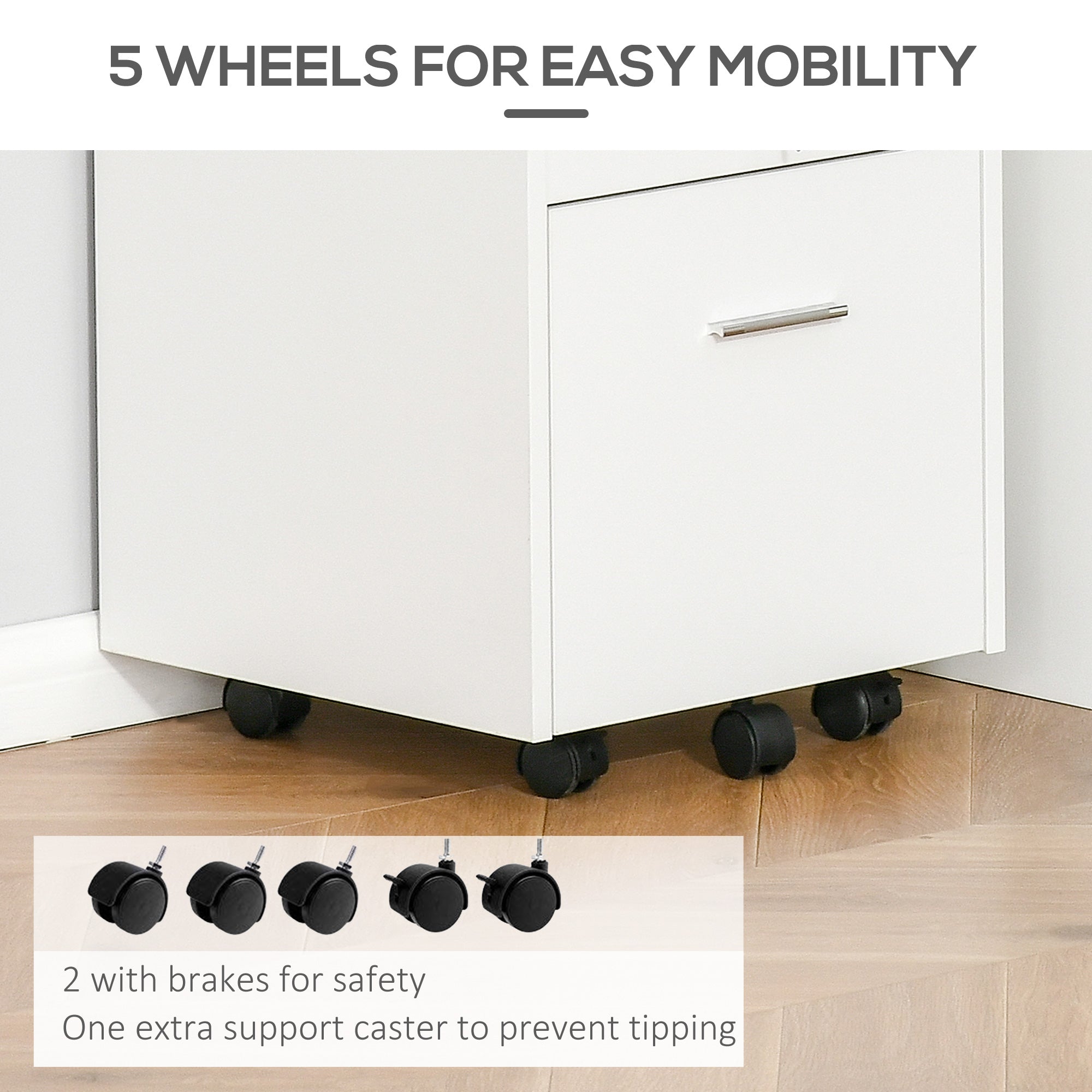 Lockable Filing Cabinet with Two Drawers and Wheels - White