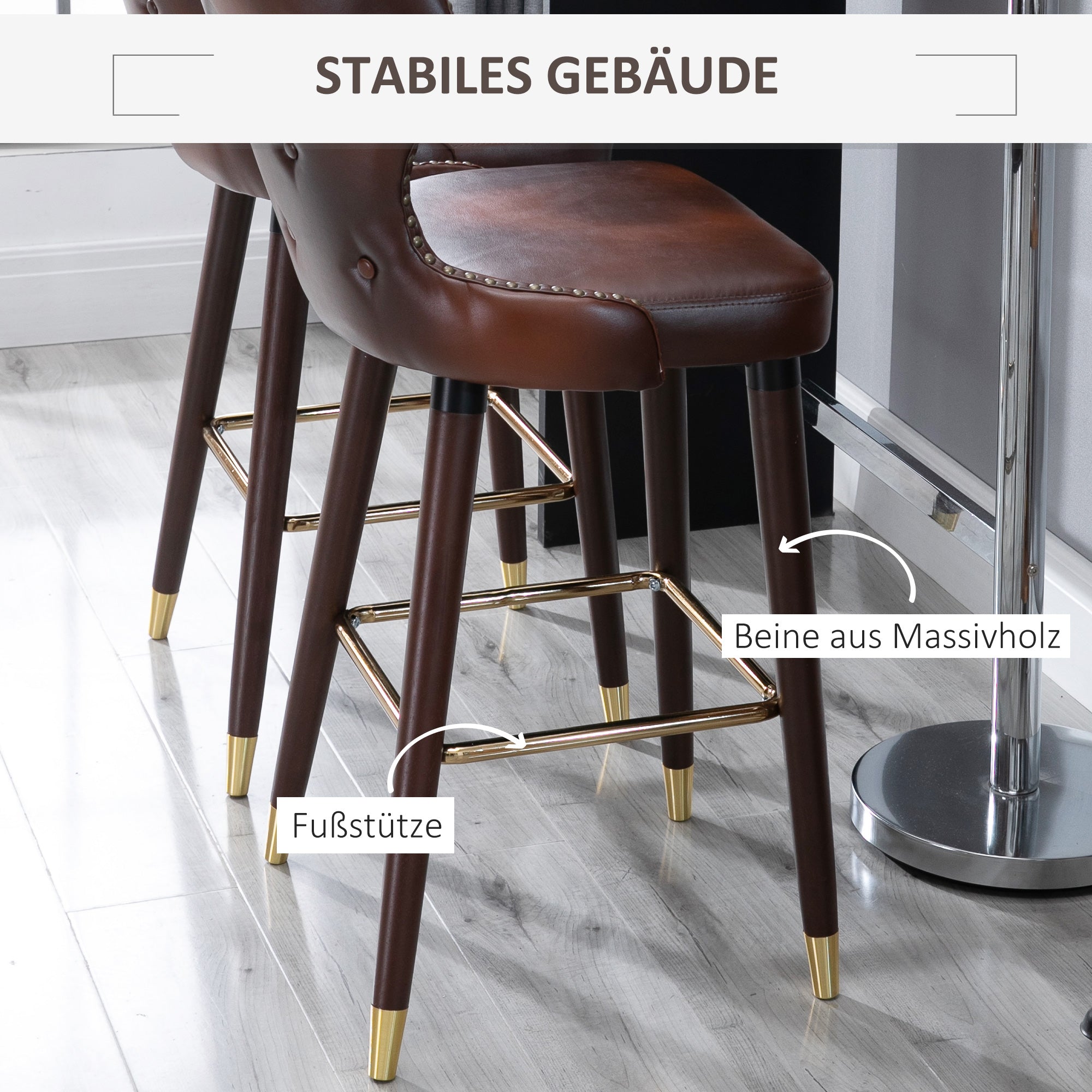 Bar Stool Set of 2, Bistro Chairs Footrest Backrest, PU Brown