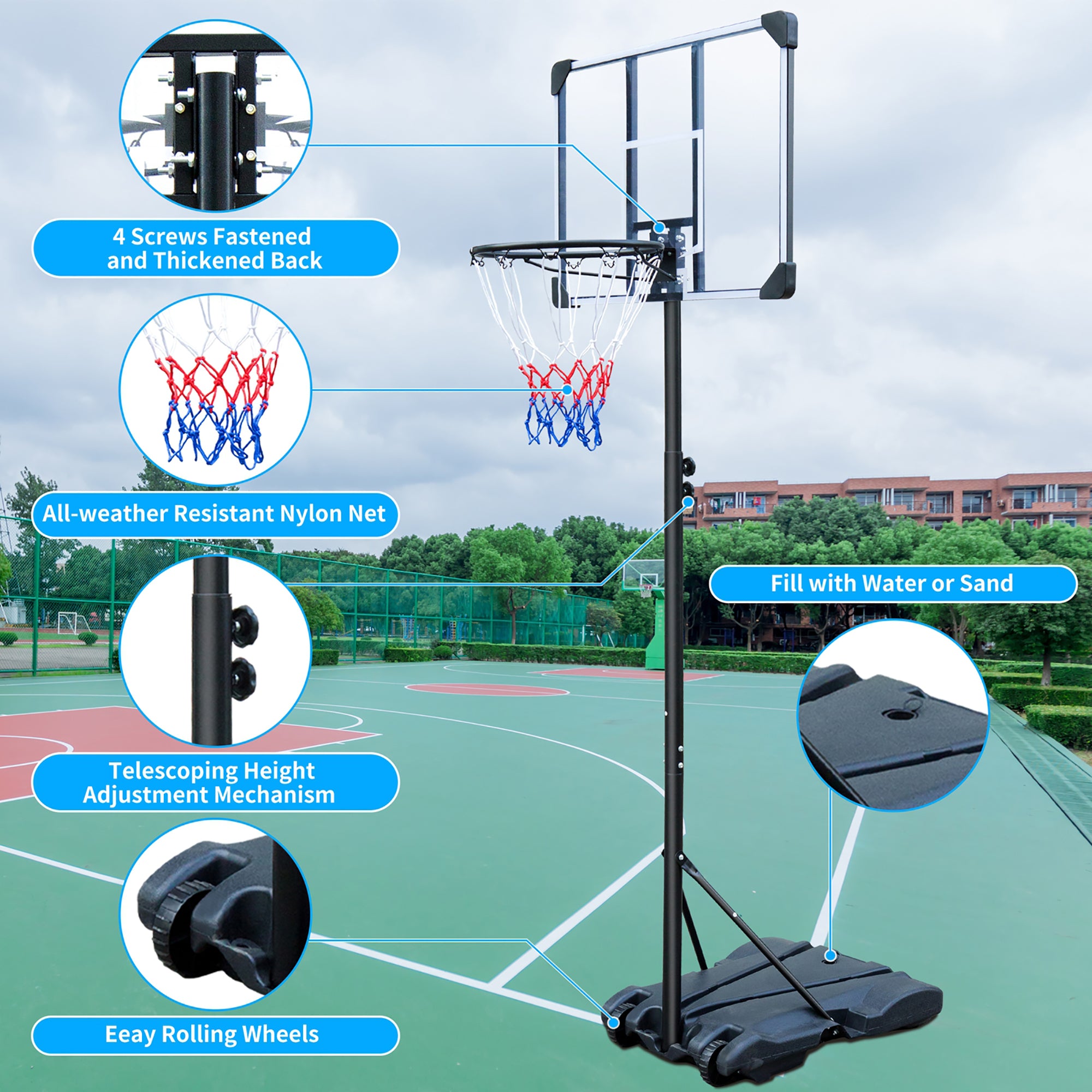 Portable Basketball Hoop, Adjustable Height, Indoor/Outdoor, with Wheels
