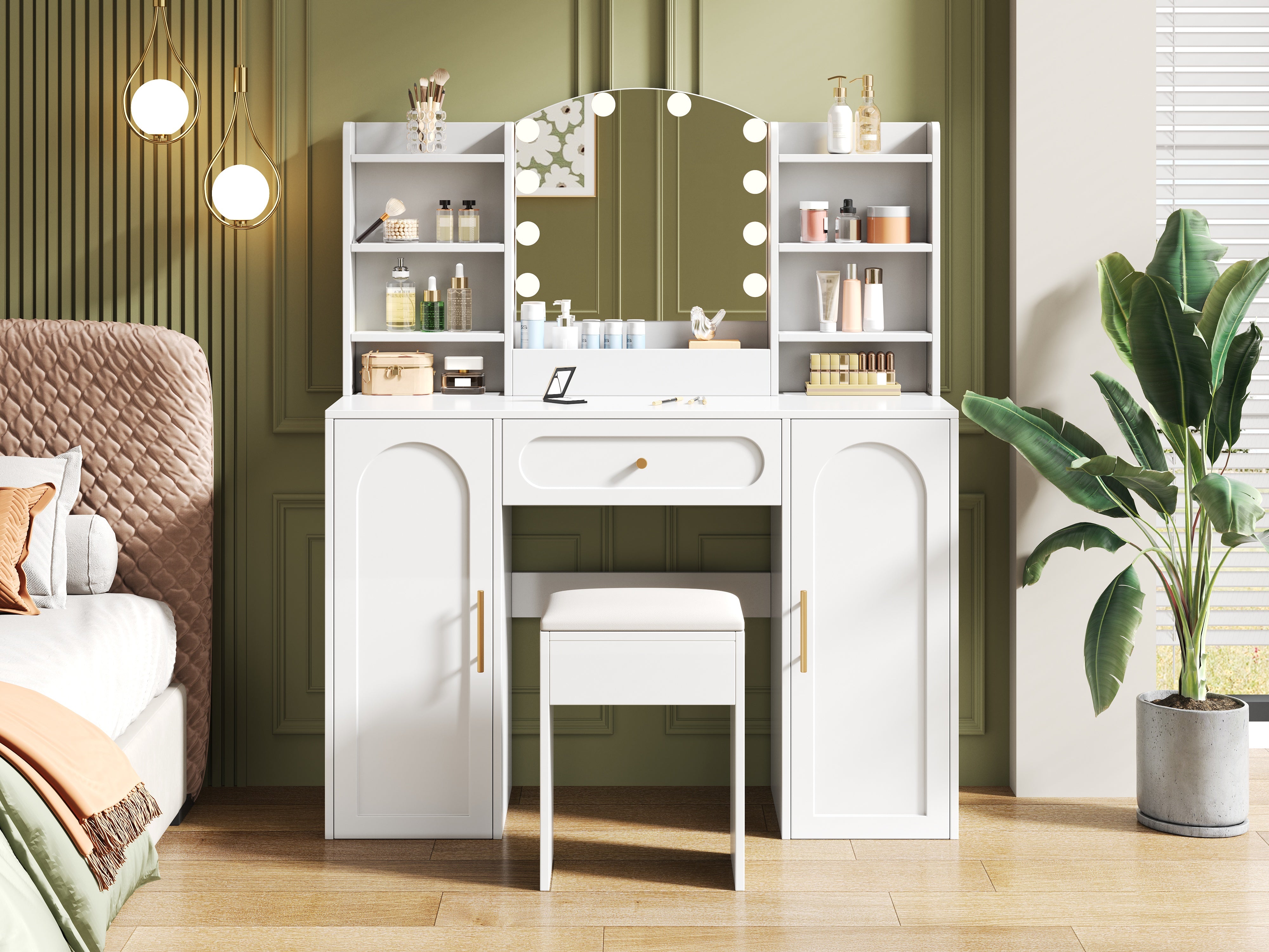 Large Vanity Table with LED Lighting, Mirror and Stool, White