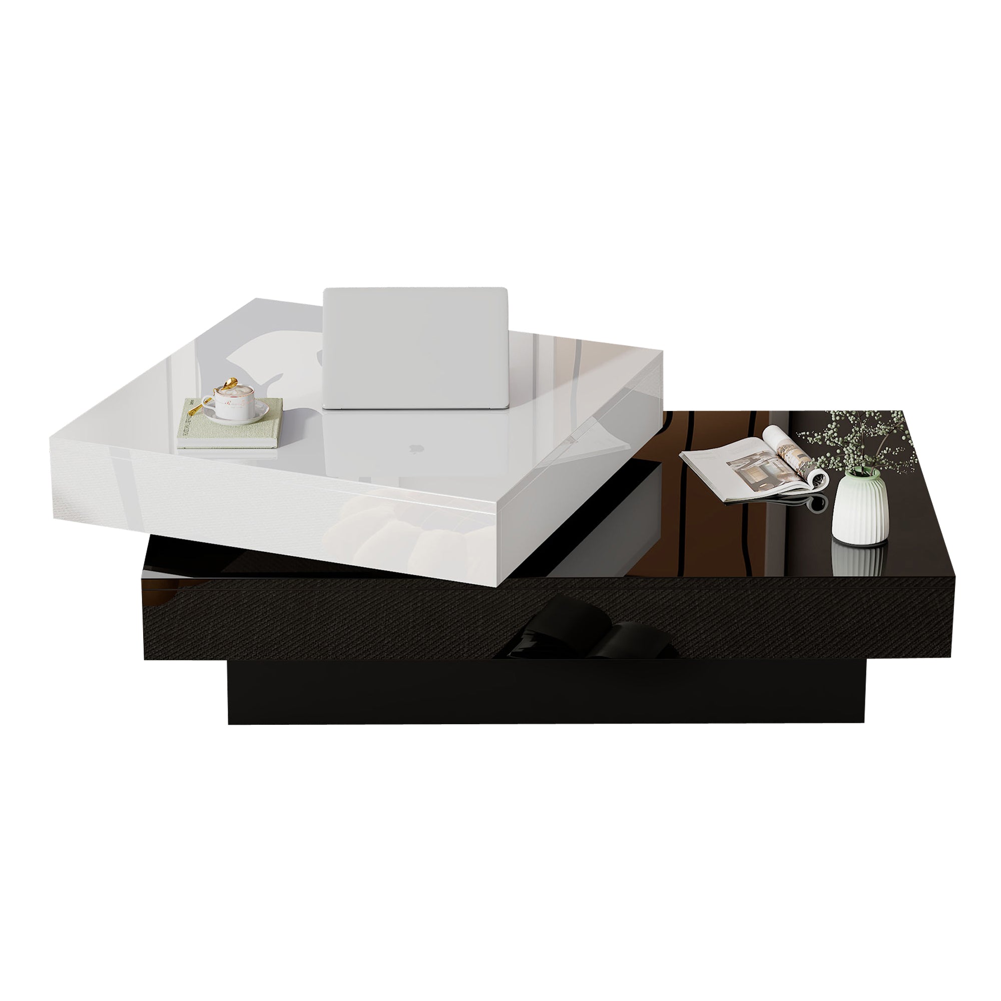 Rotating Coffee Table, Double-Layer with High Gloss Surface, Black and White