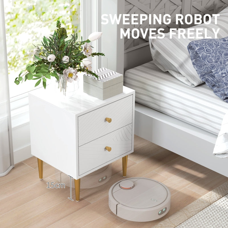 Elegant Bedside Table Two-Drawer White/Gold-Tone