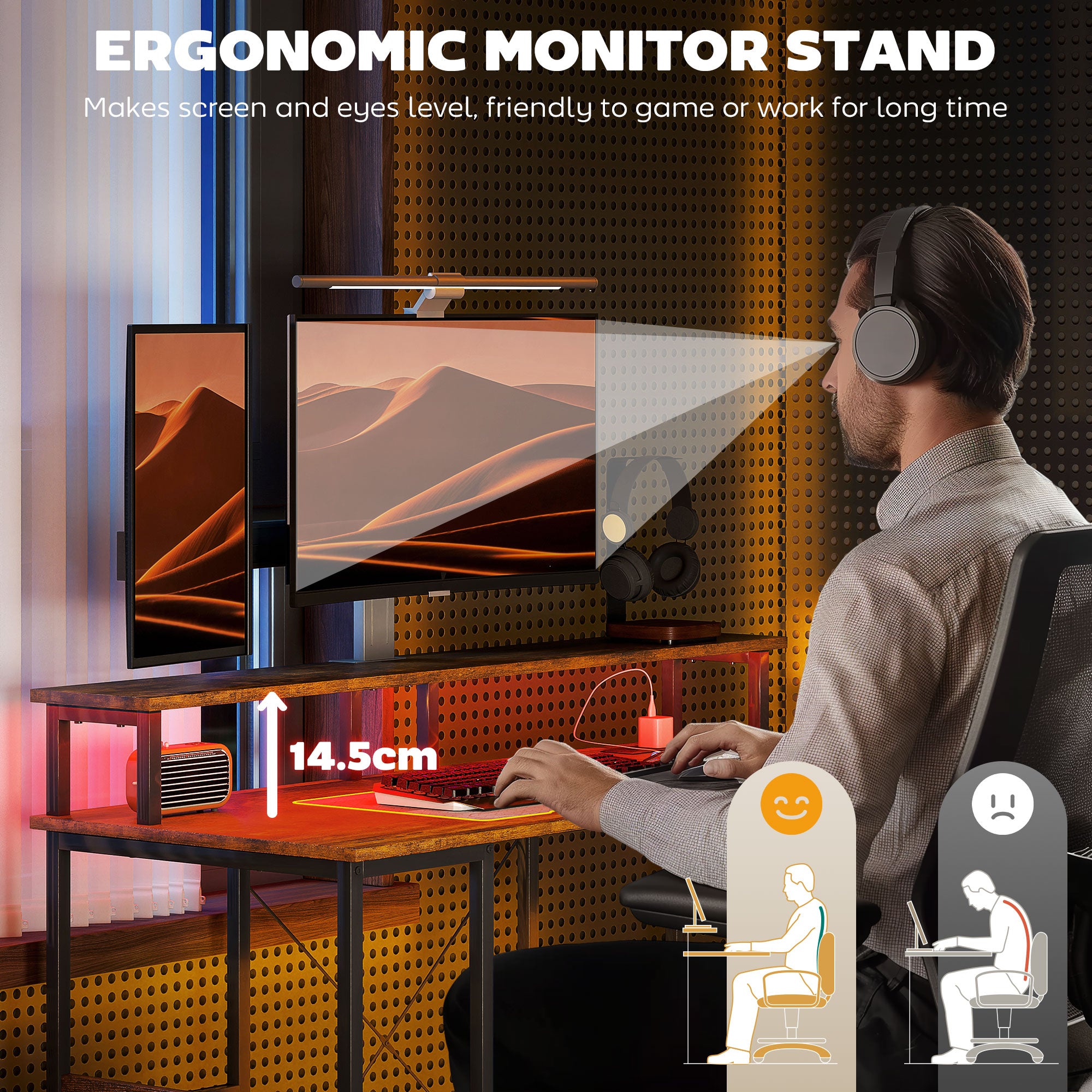 LED Computer Desk with Power Outlets and Shelves - Rustic Brown