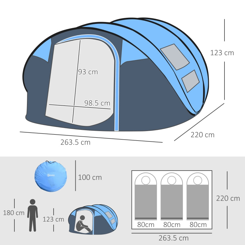Pop-up Camping Tent, 4-5 Person Family Tent with 2 Windows, Sky Blue
