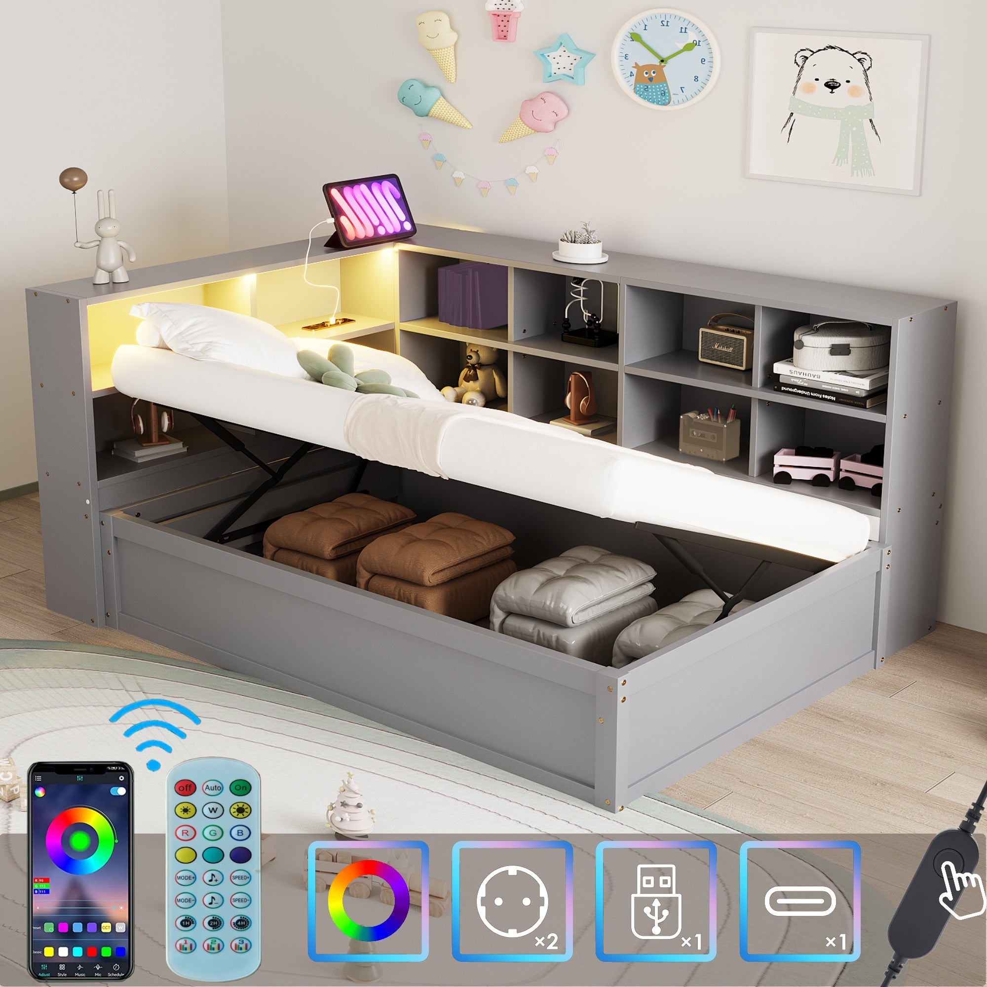 Sofa bed 90*200, multiple sockets, storage, light bar, hydraulic, solid wood, single, multifunctional wooden, gray