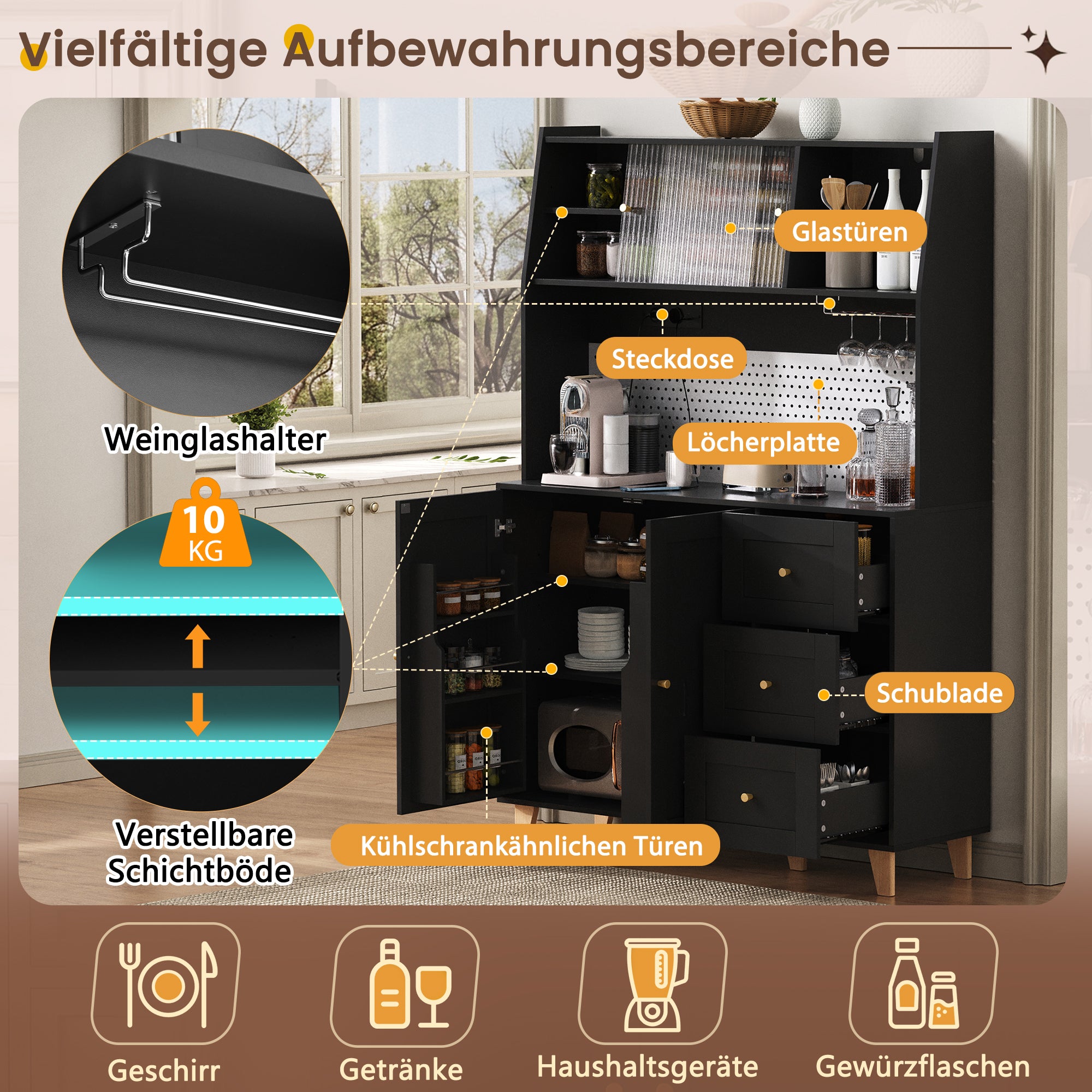 Tall Cabinet Pegboard Wine Storage Drawers & Sockets - Black