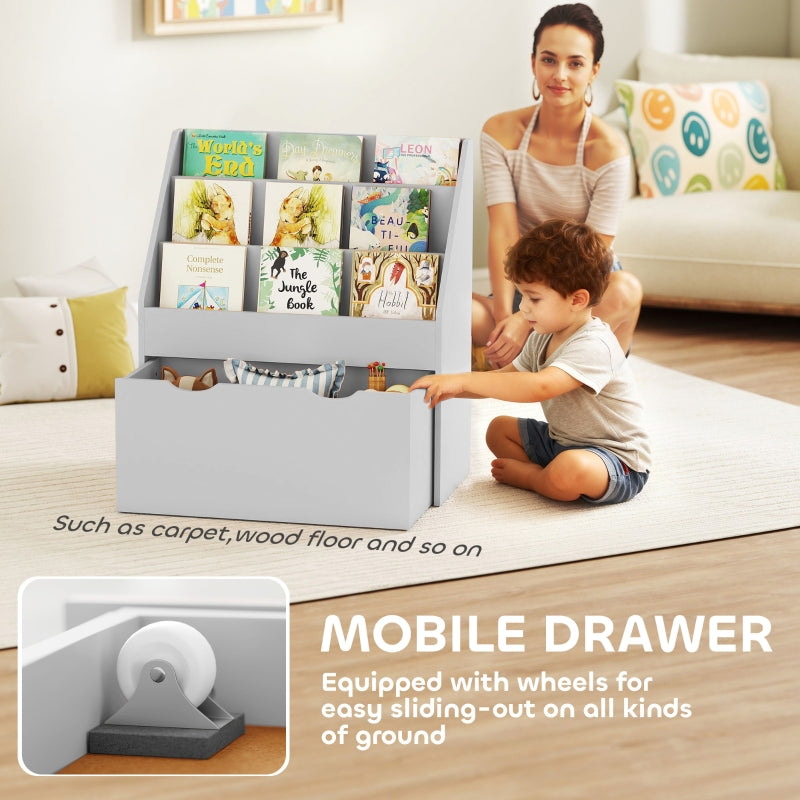 Bookcase for Kids with Shelves and Drawer, Grey