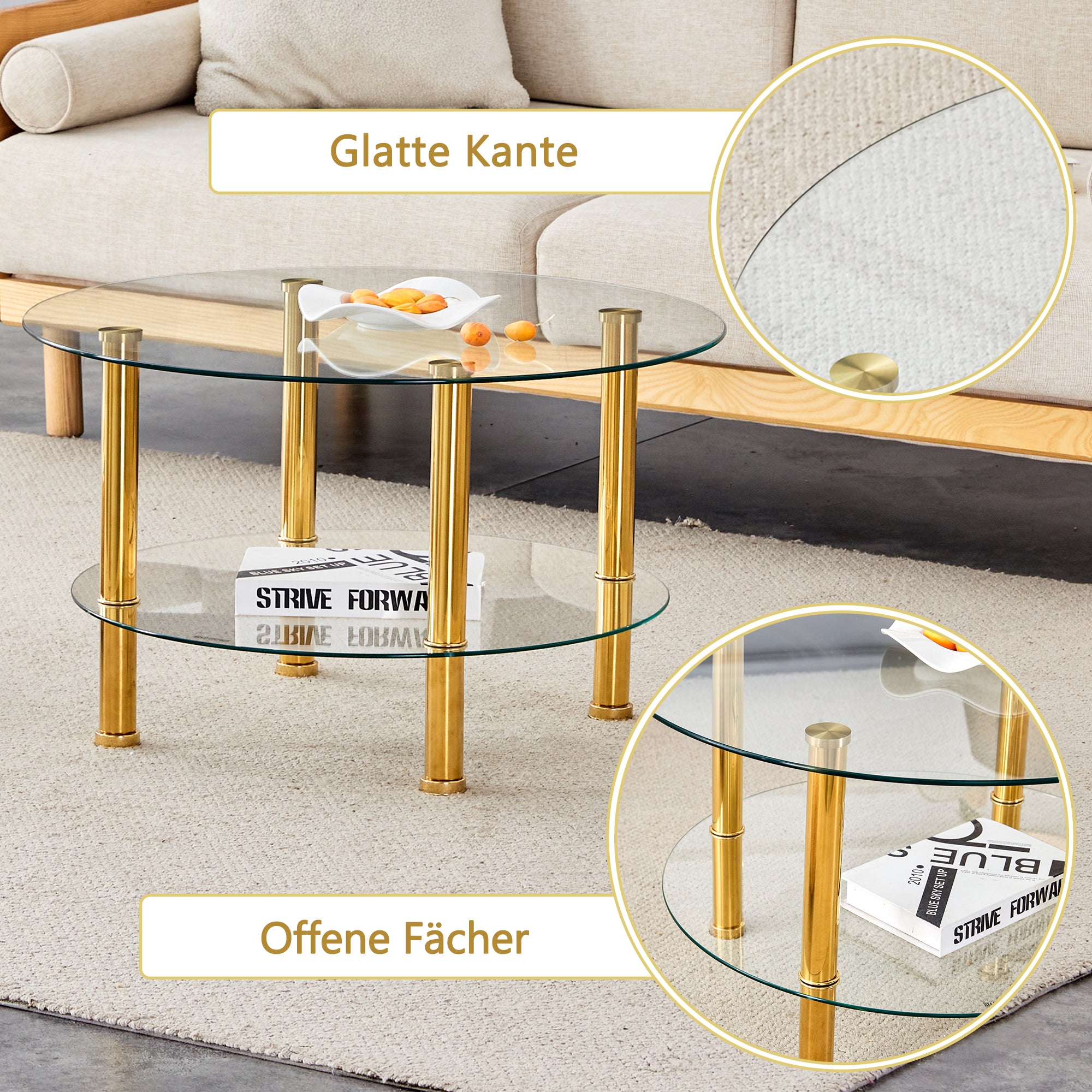 Coffee Table 2-Tiered Glass Gold Metal Legs