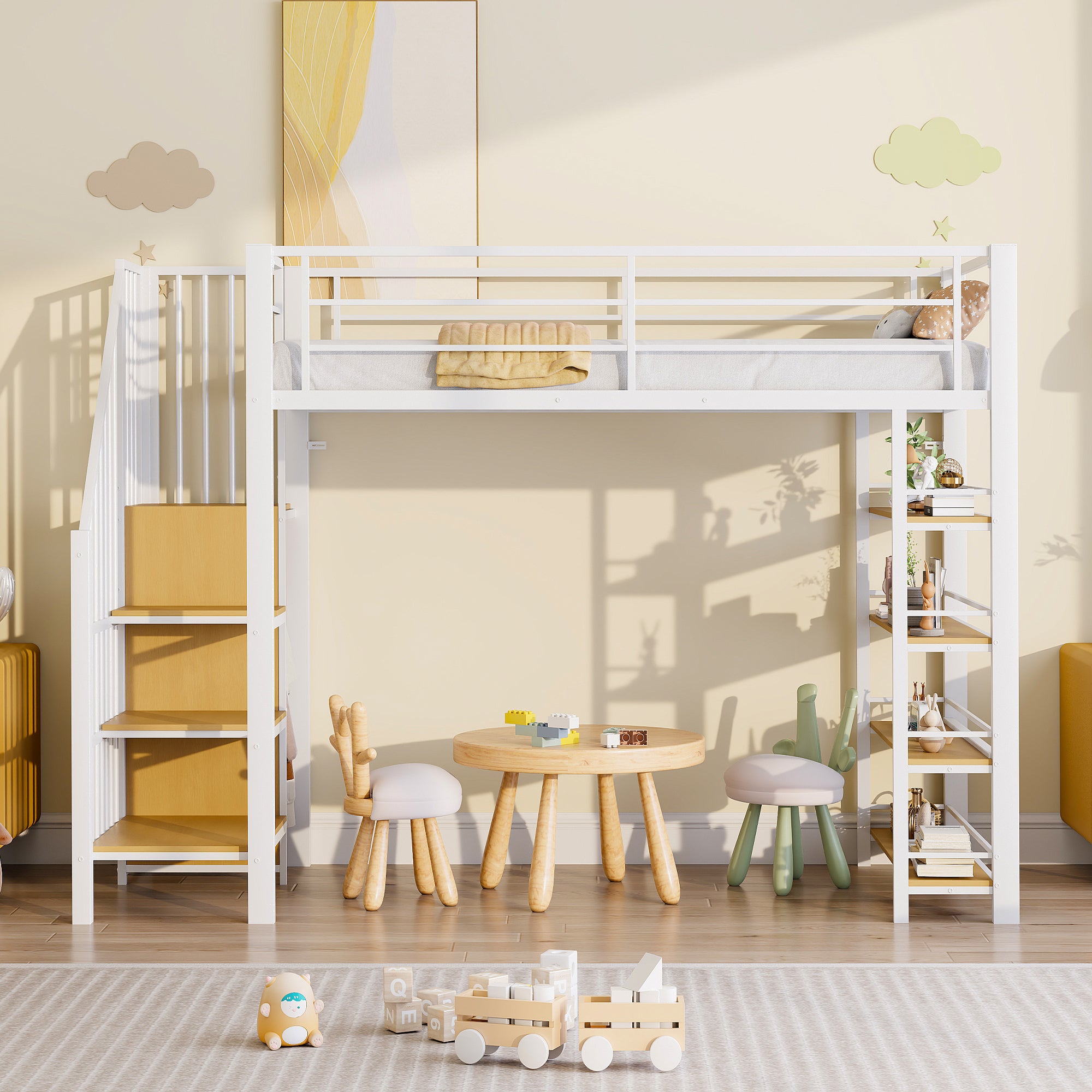 Loft Bed 90*200, Safety Stairs, Storage & Wardrobe, White