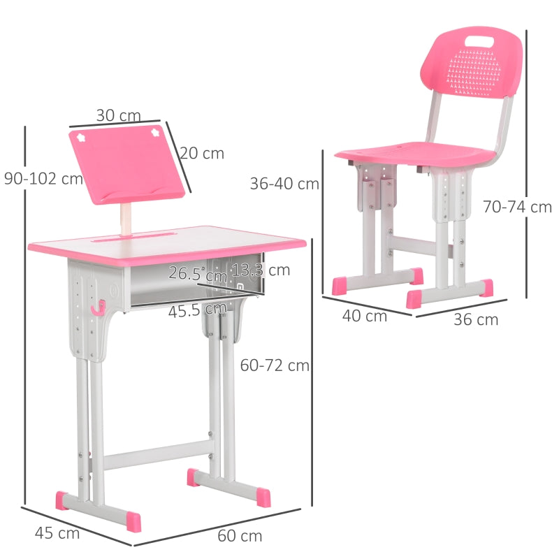 Kids Desk and Chair Set, Adjustable with Book Stand and Pen Slot - Pink