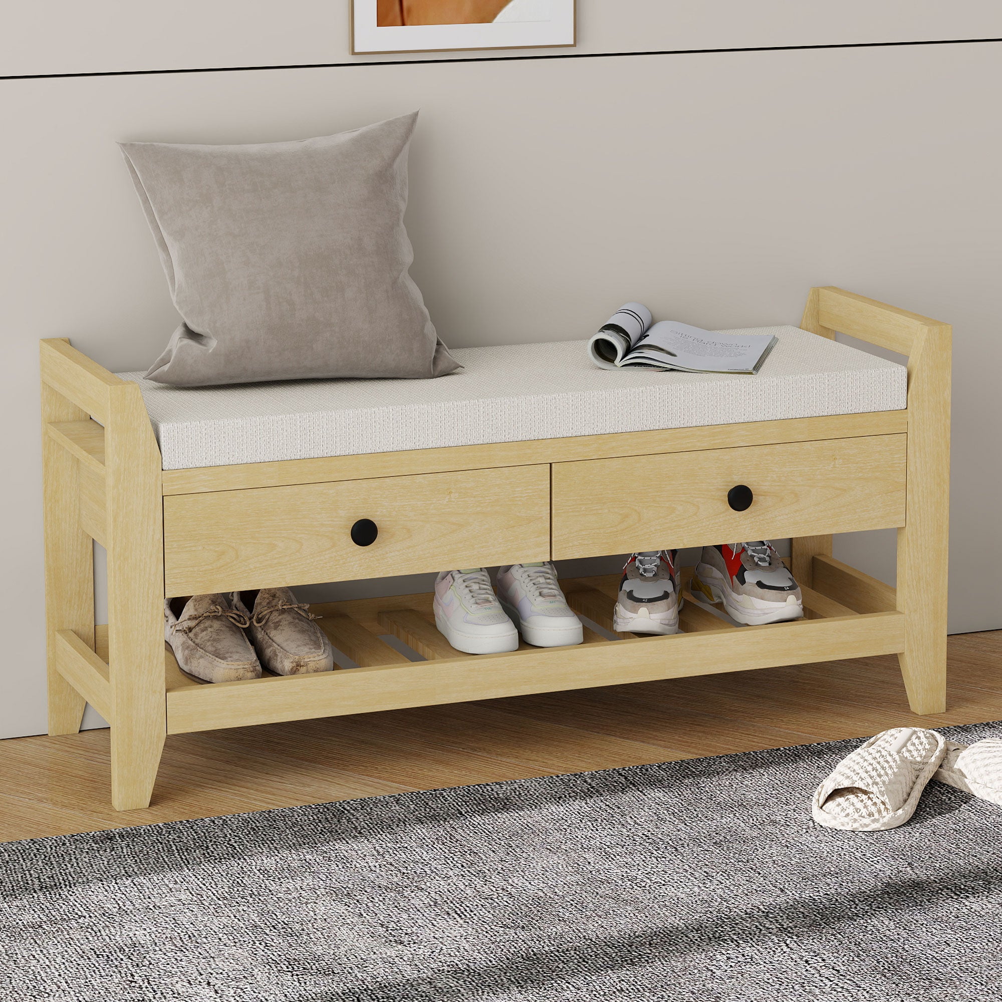 Modern Shoe Bench with Seat & Storage, Cushion, Natural