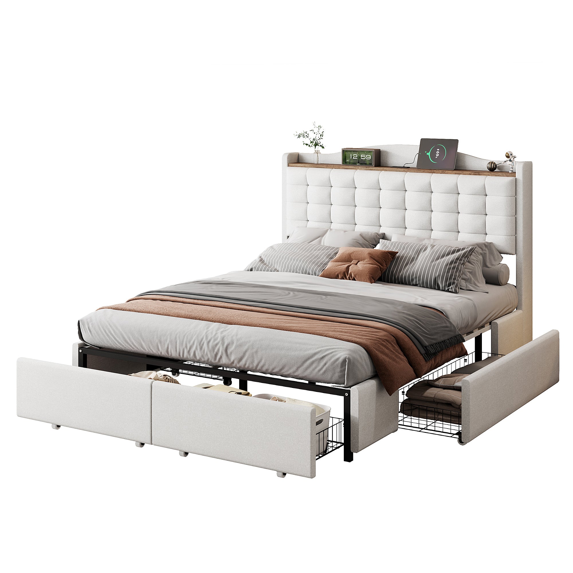 Upholstered Bed 140x200cm, USB Charging & Storage, 4-Drawer, Linen Fabric Beige