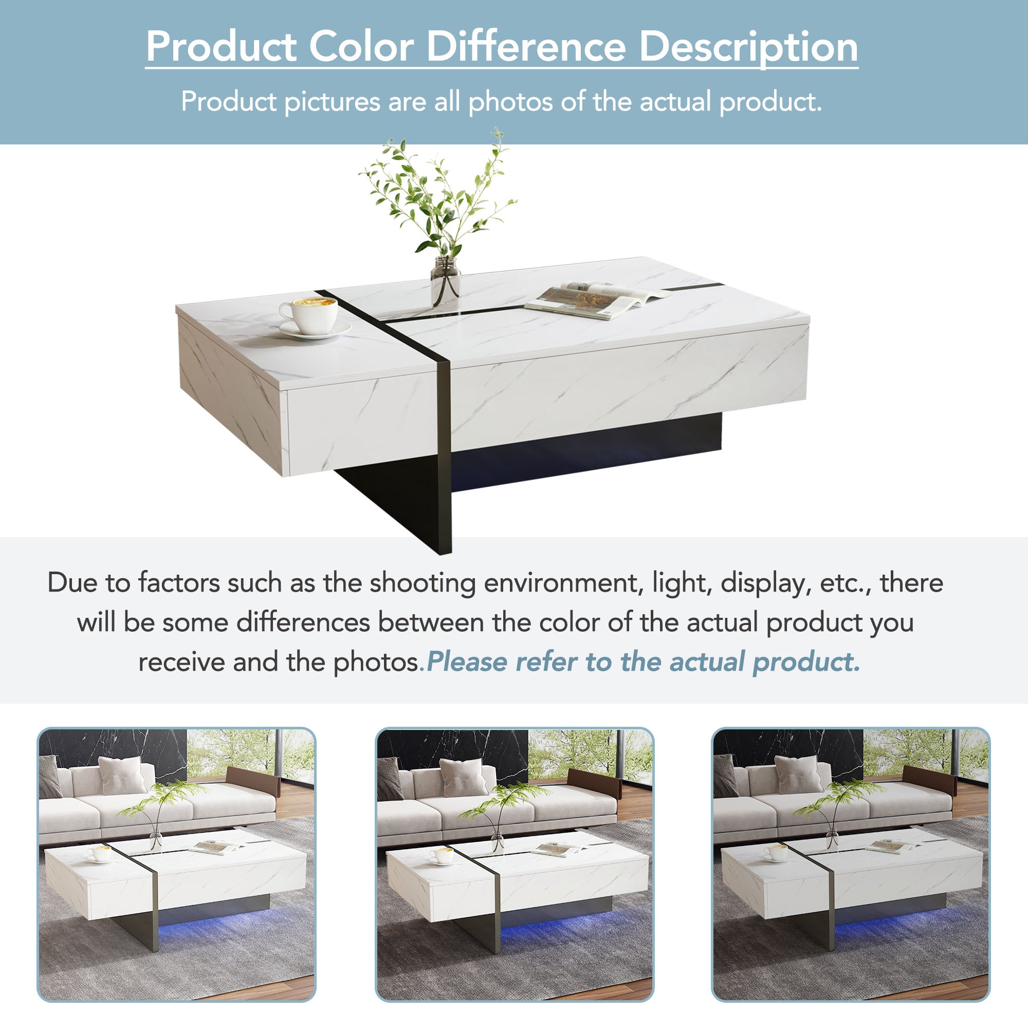 Coffee Table 105x60x35cm Irregular LED High-Gloss Marble - White