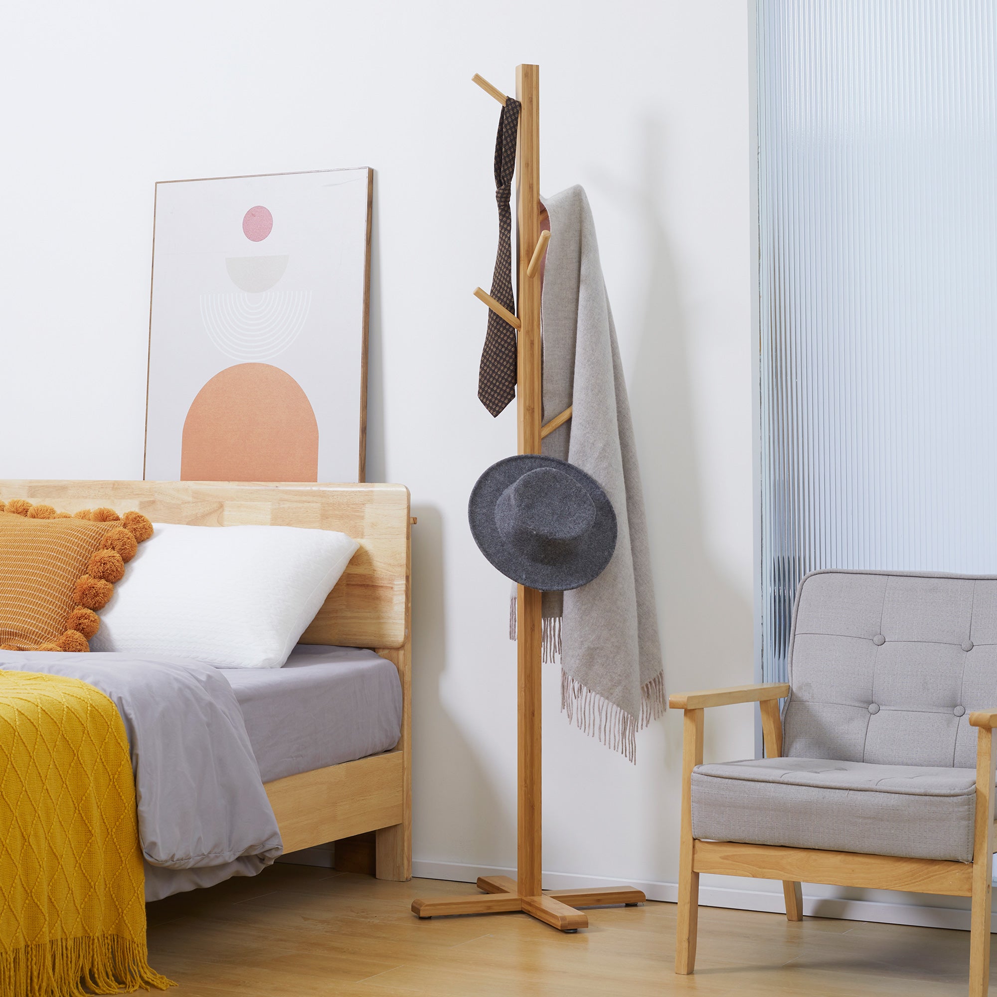 Bamboo coat rack, 8 hooks, clothes rack, stylish & functional