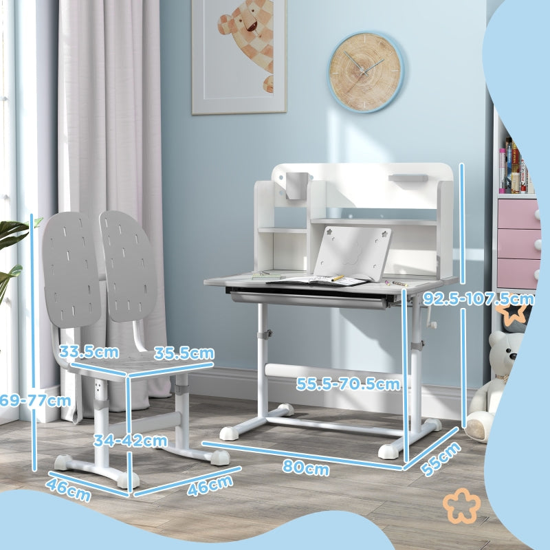 Kids Desk and Chair Set, Height Adjustable Study Desk with Tiltable Desktop and Reading Rack, Grey