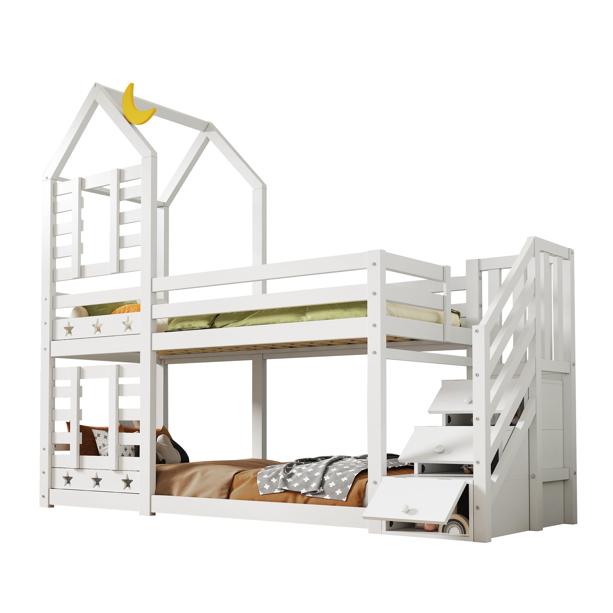 Children's Bed, Tree House Bunk Bed with Drawers & Fall Protection, White
