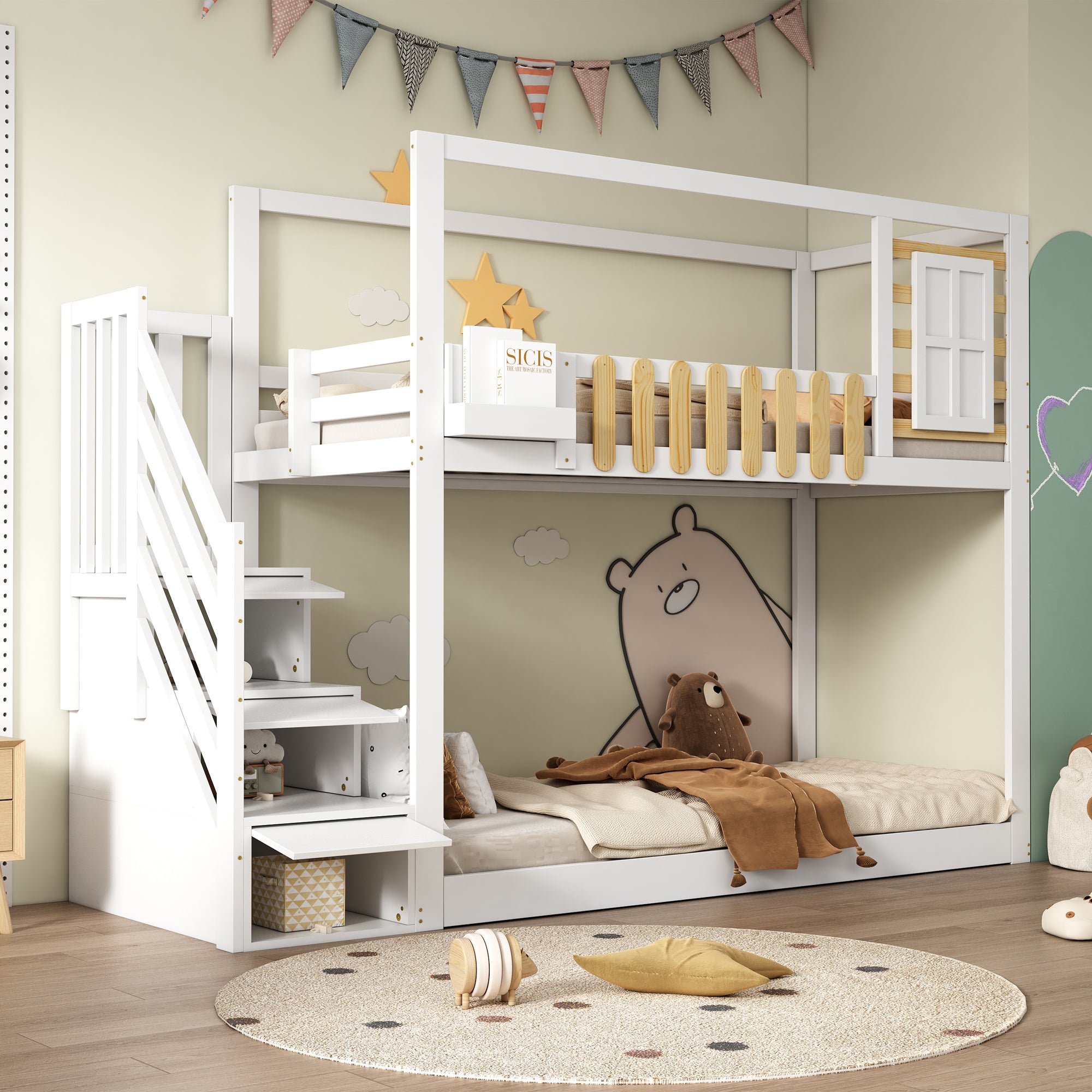 Bunk Bed with Stairs, Window & Shelf, Pine, White 90x200cm