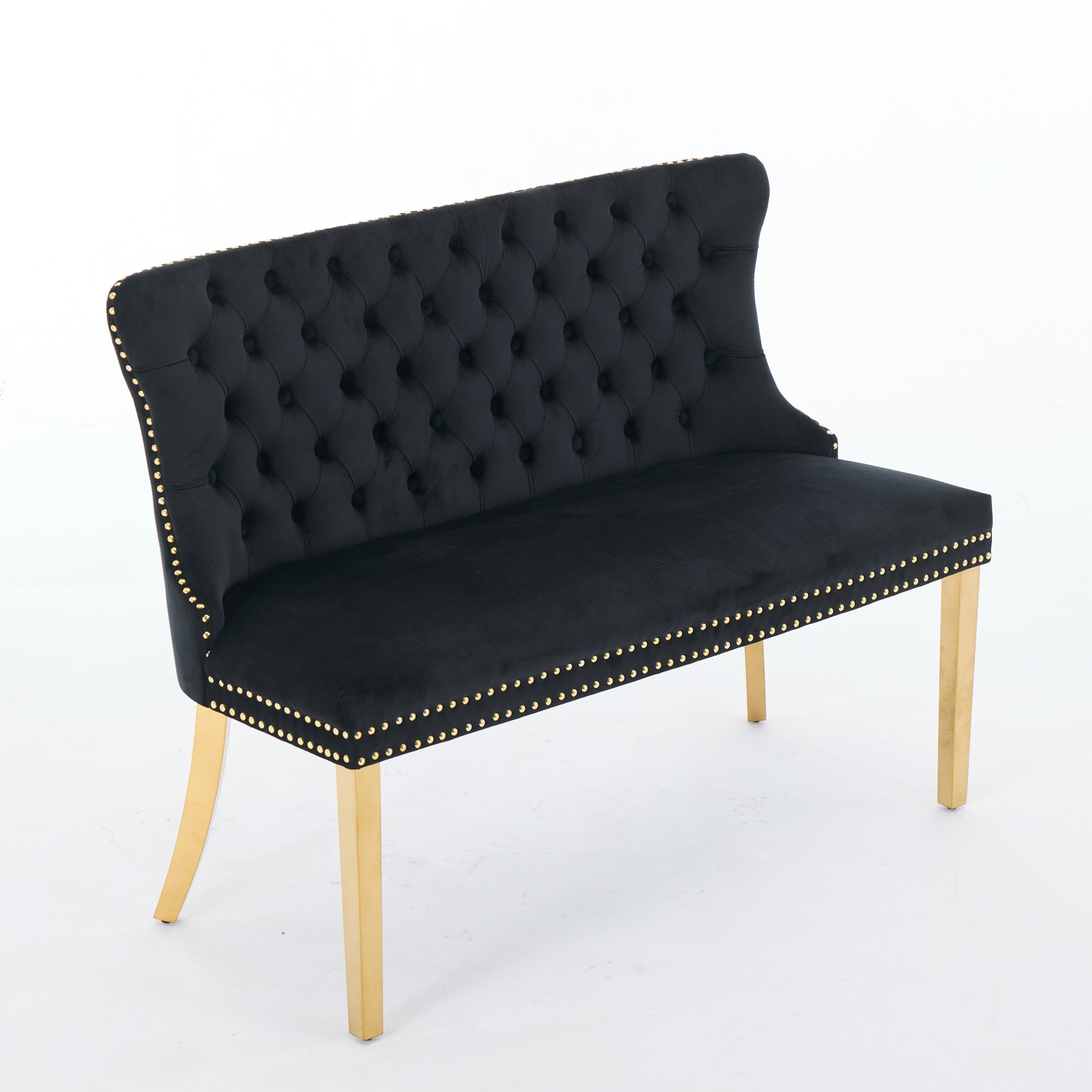 Velvet Dining Loveseat Bench, 2-Seat Tufted Wing Back Gold-Plated Steel Legs, Black Velvet
