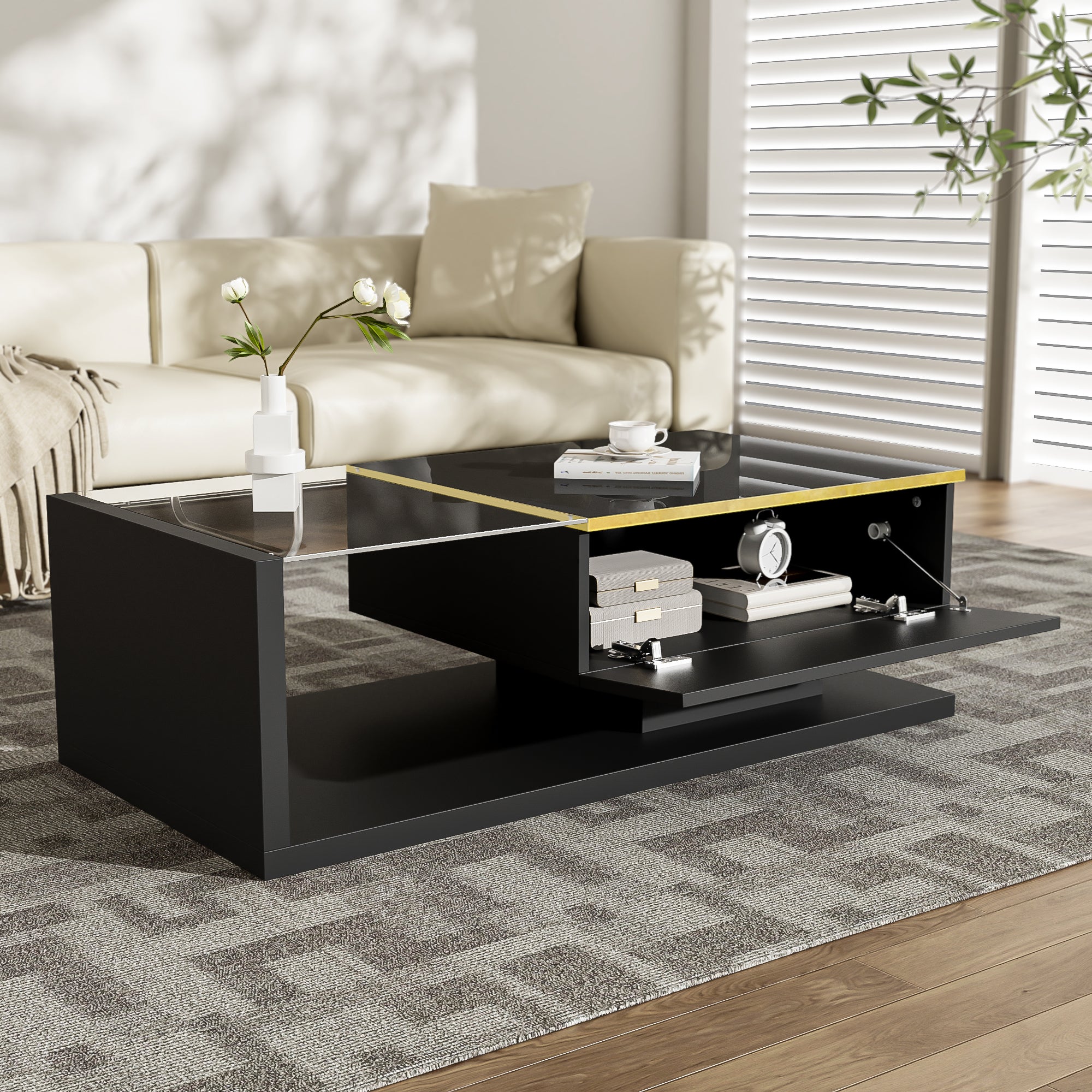Coffee Table 100cm Long Glass LED Effect High-Gloss Black