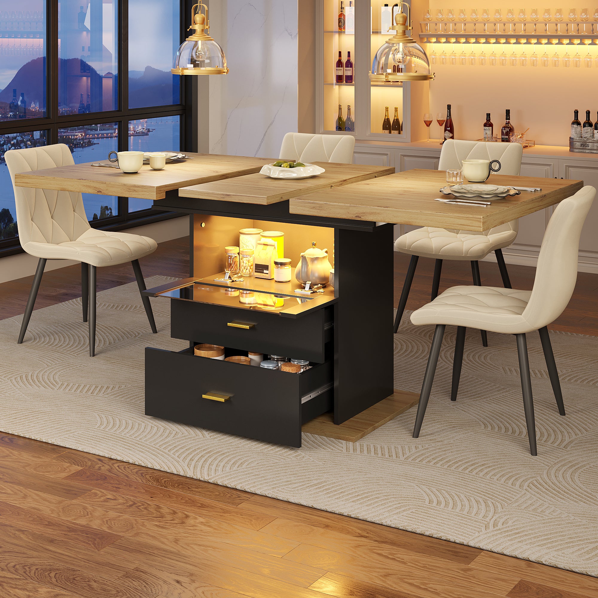 Extendable Dining Table 110-140cm LED Lighting Wooden Finish