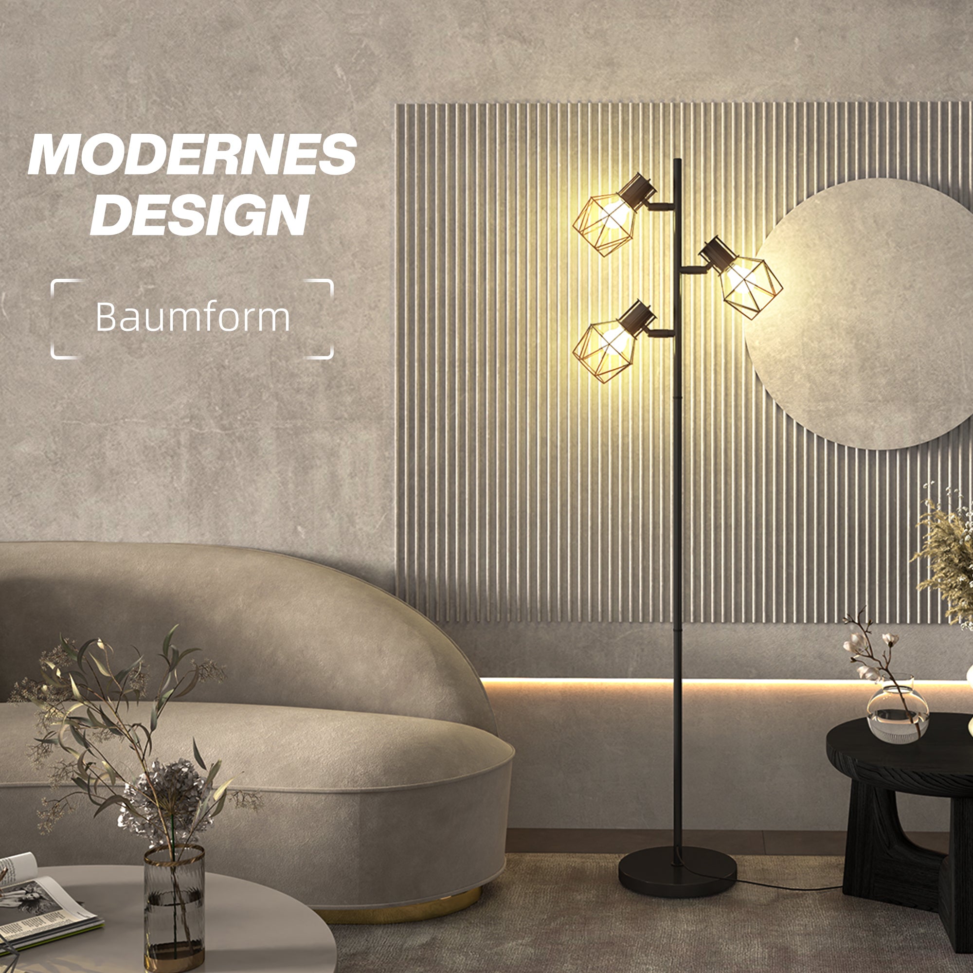 Floor Lamp, 3 E27 Sockets 40W Adjustable Flames 169cm, Black Metal