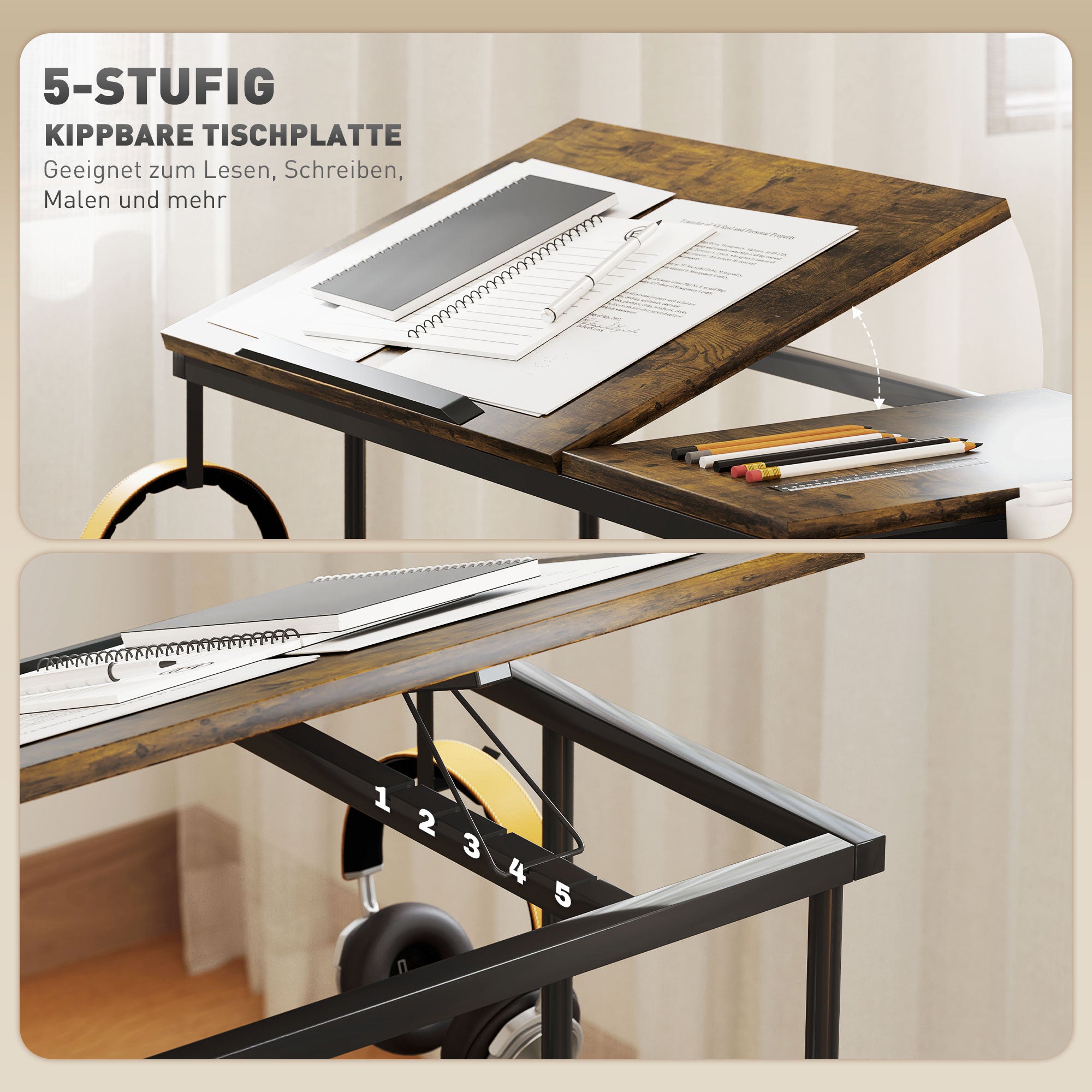 Height-Adjustable Desk, 92 x 40 cm, Tilting, Storage, Rustic Brown Steel