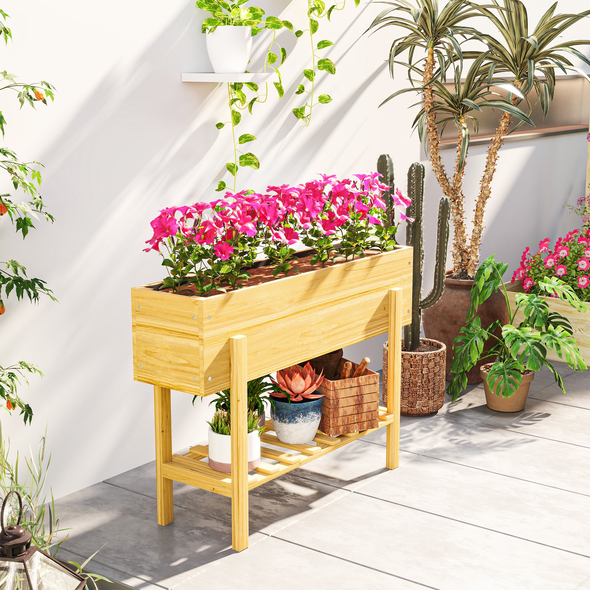 Wooden Raised Garden Bed Elevated Planter Box with Storage Shelf Natural Wood Finish