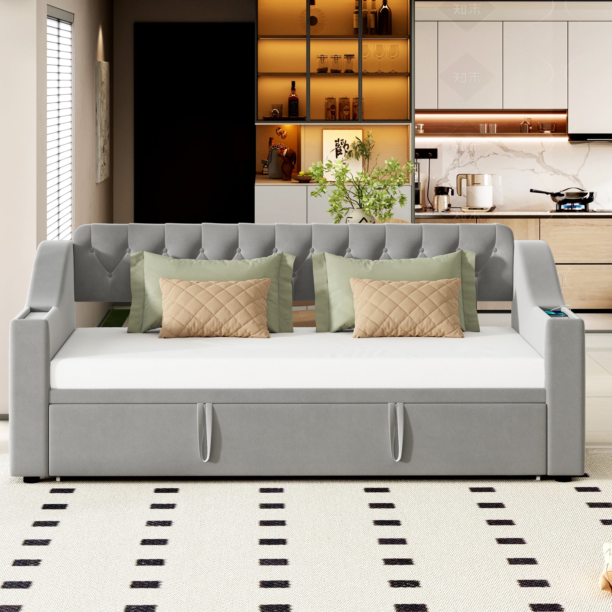 Upholstered Sofa Bed with USB Charging Port, Storage, Slatted Frame, Velvet Fabric, Grey